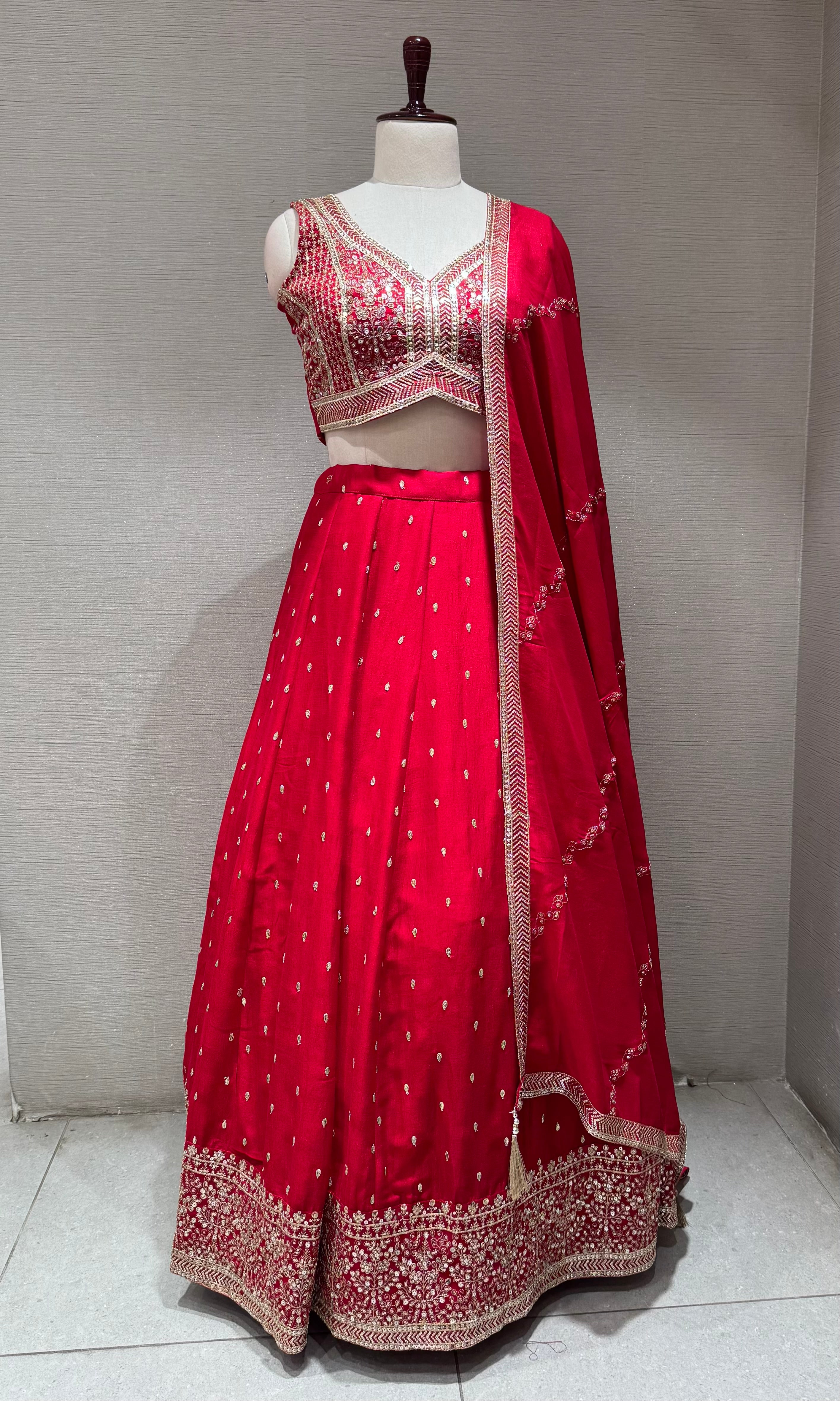 Red Silk Lehenga set with Gold Border
