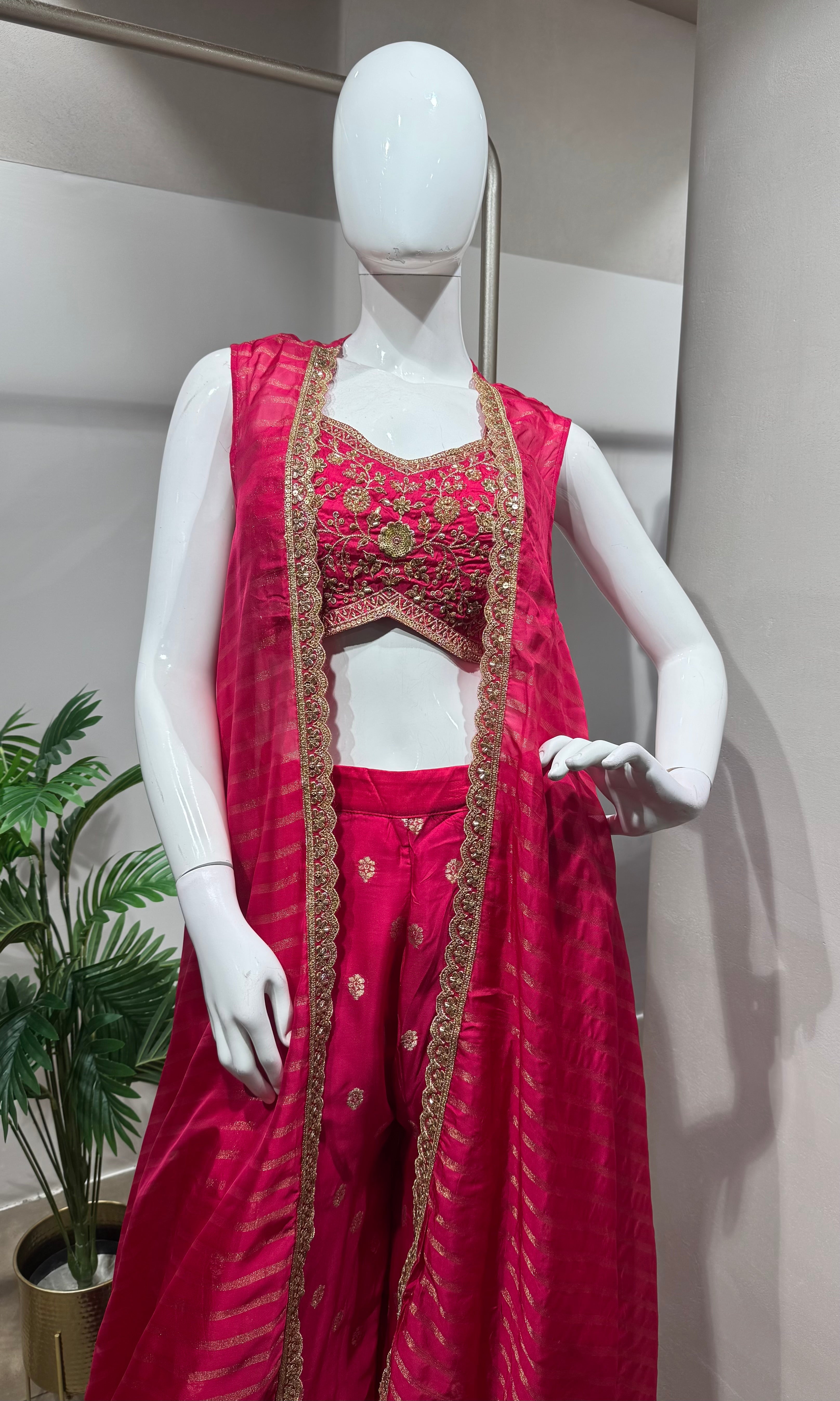 Pink Embroidered Palazzo with Shrug