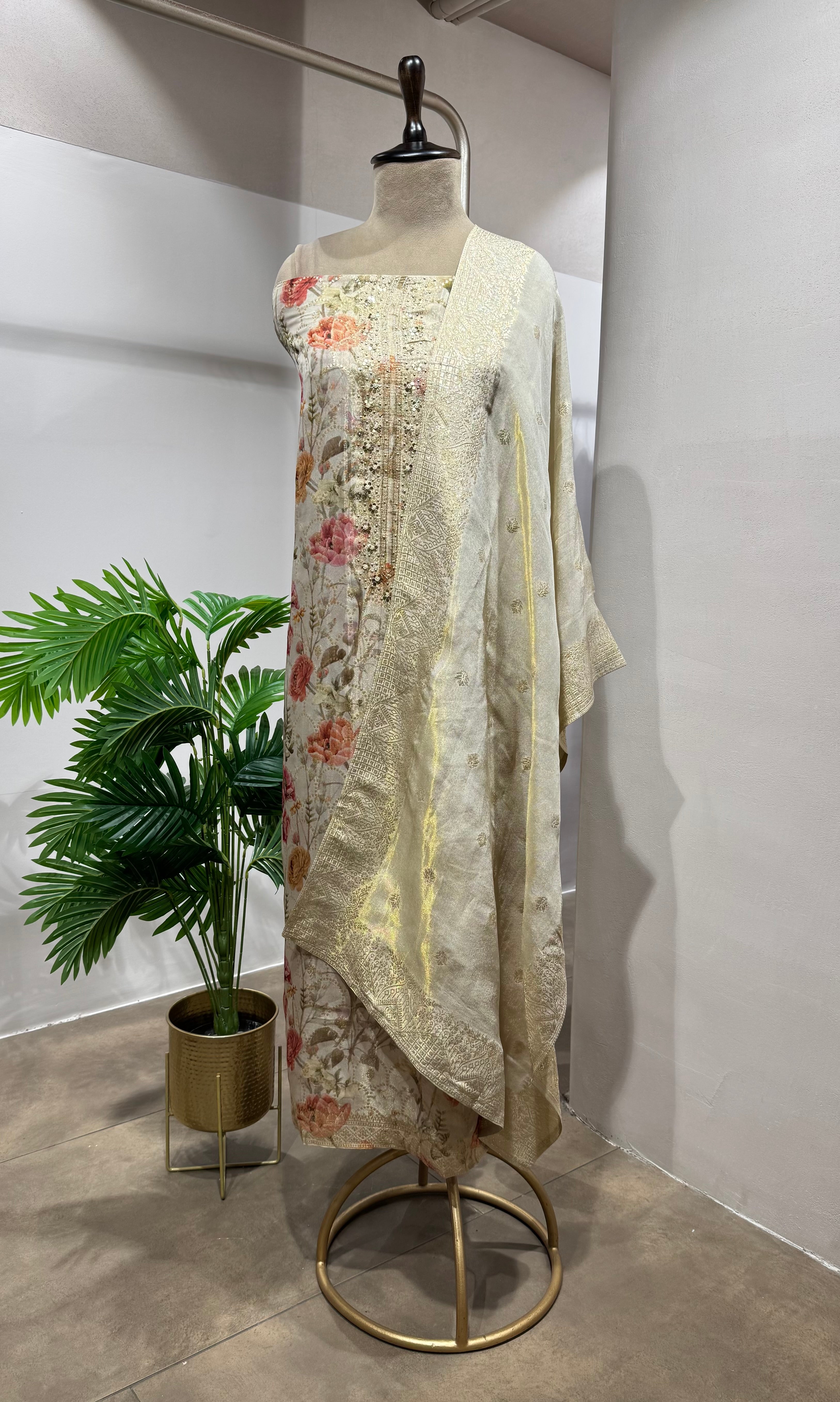CREAM BANARASI SILK DRESS MATERIAL