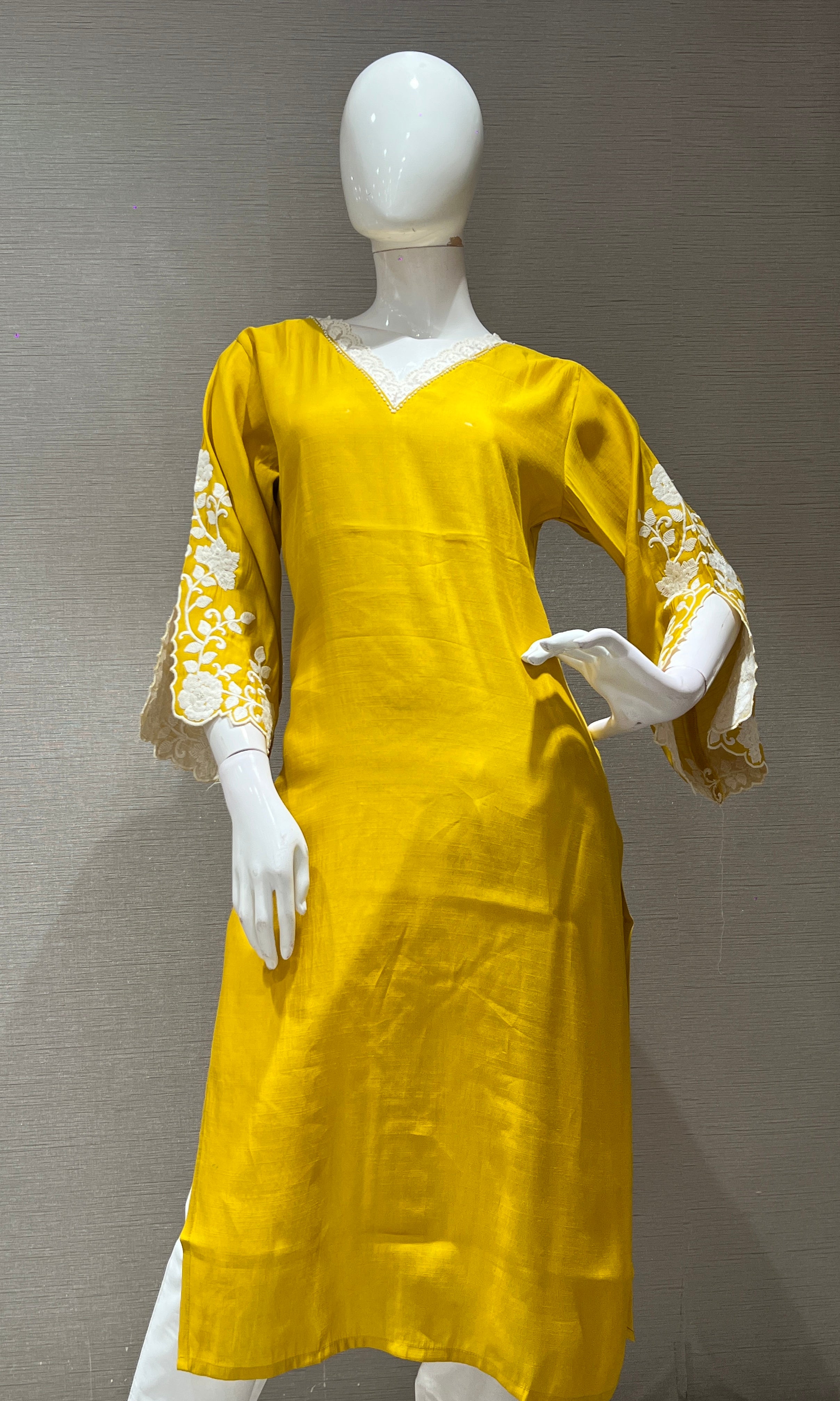 Yellow KURTI TOP WITH FULL FLORAL SLEEVES