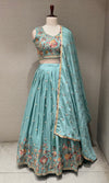 Sea blue Tissue silk Multi Floral Crop Top Lehenga set