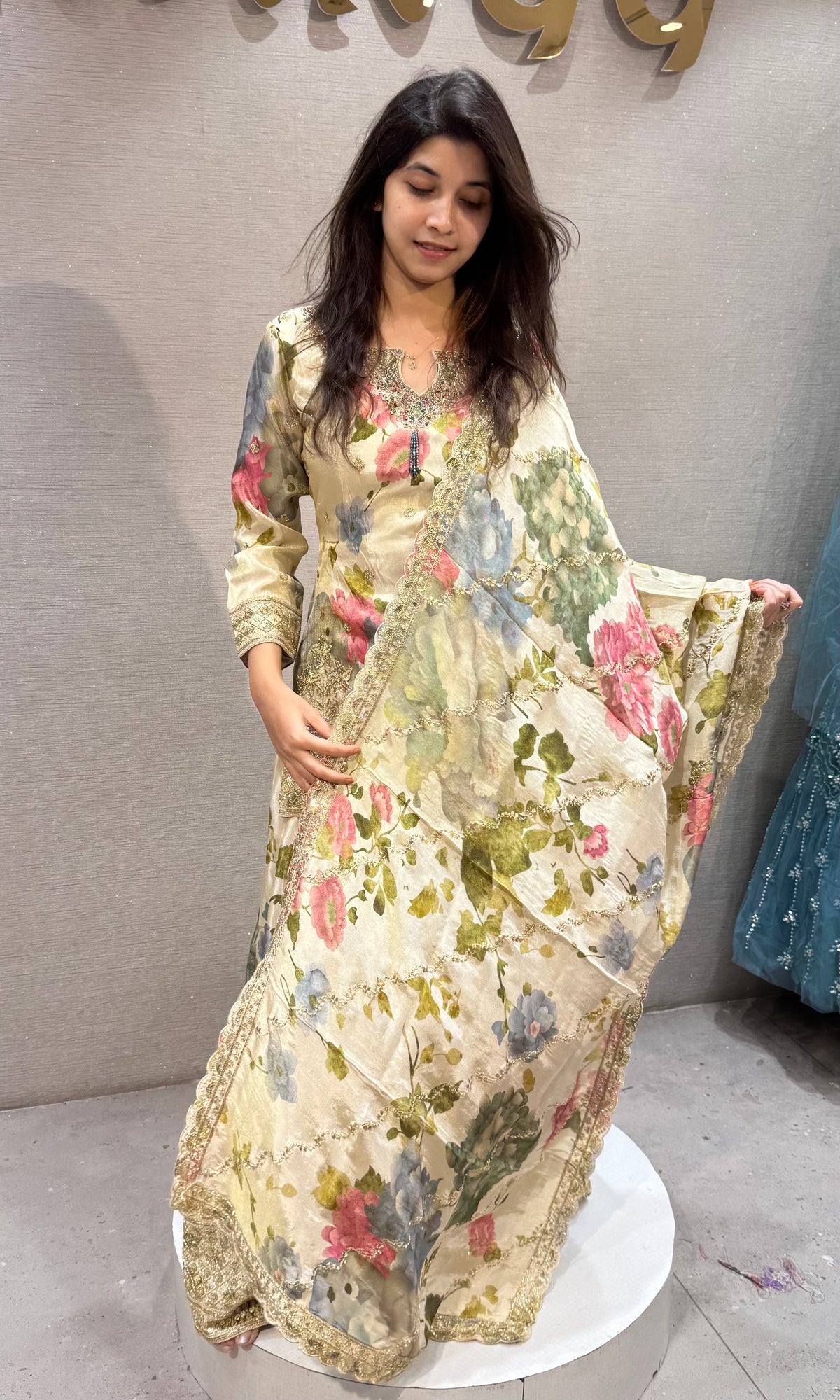 cream silk organza Floral Printed palazzo Set with dupatta