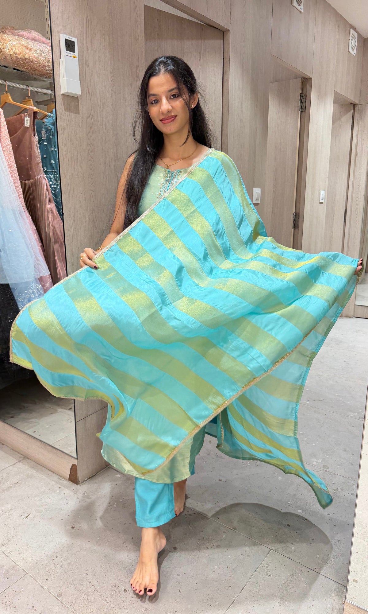 Sea Blue Banarasi silk Kurta Set with Patterned Dupatta