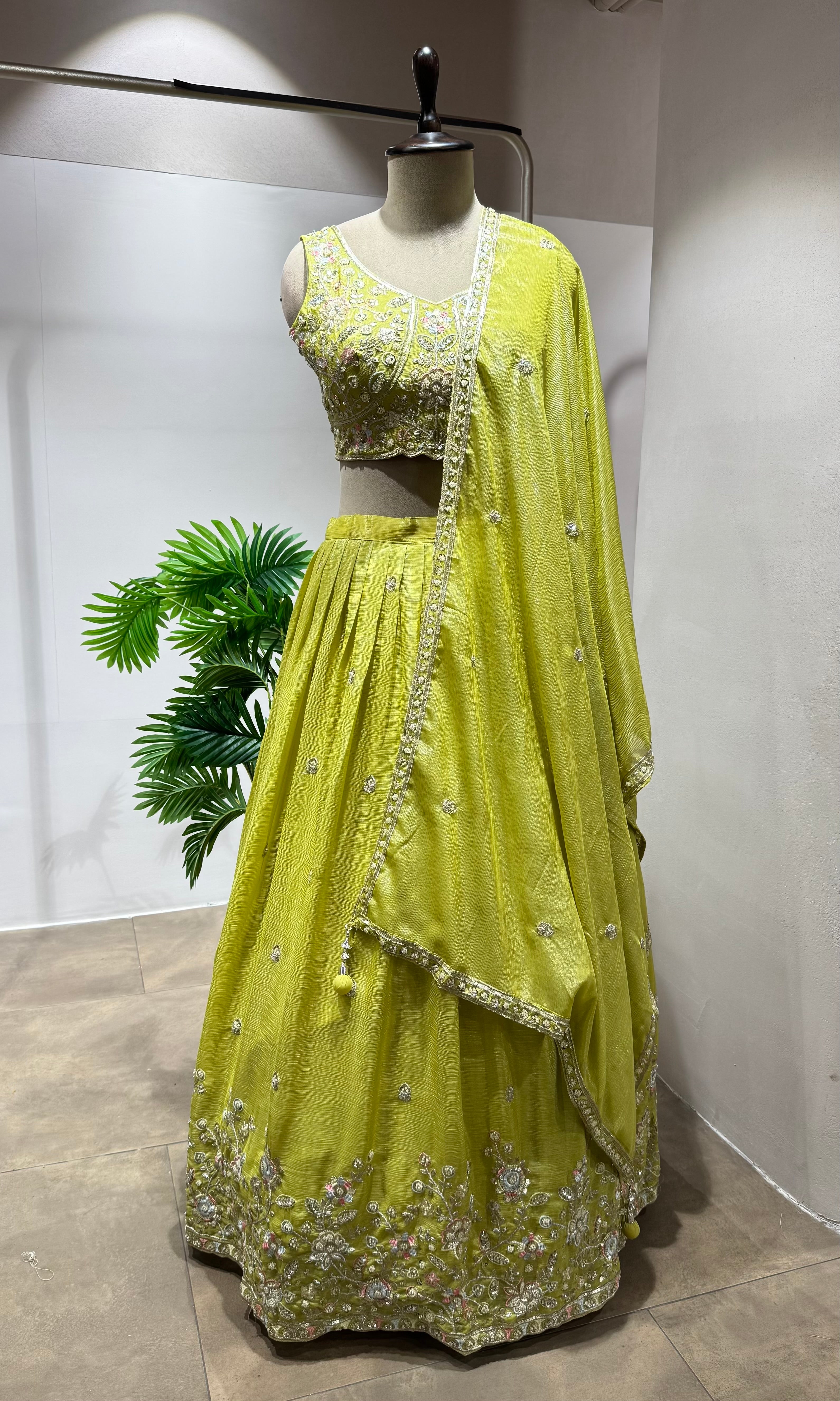 Green Silk Lehenga with Floral Embroidered Border