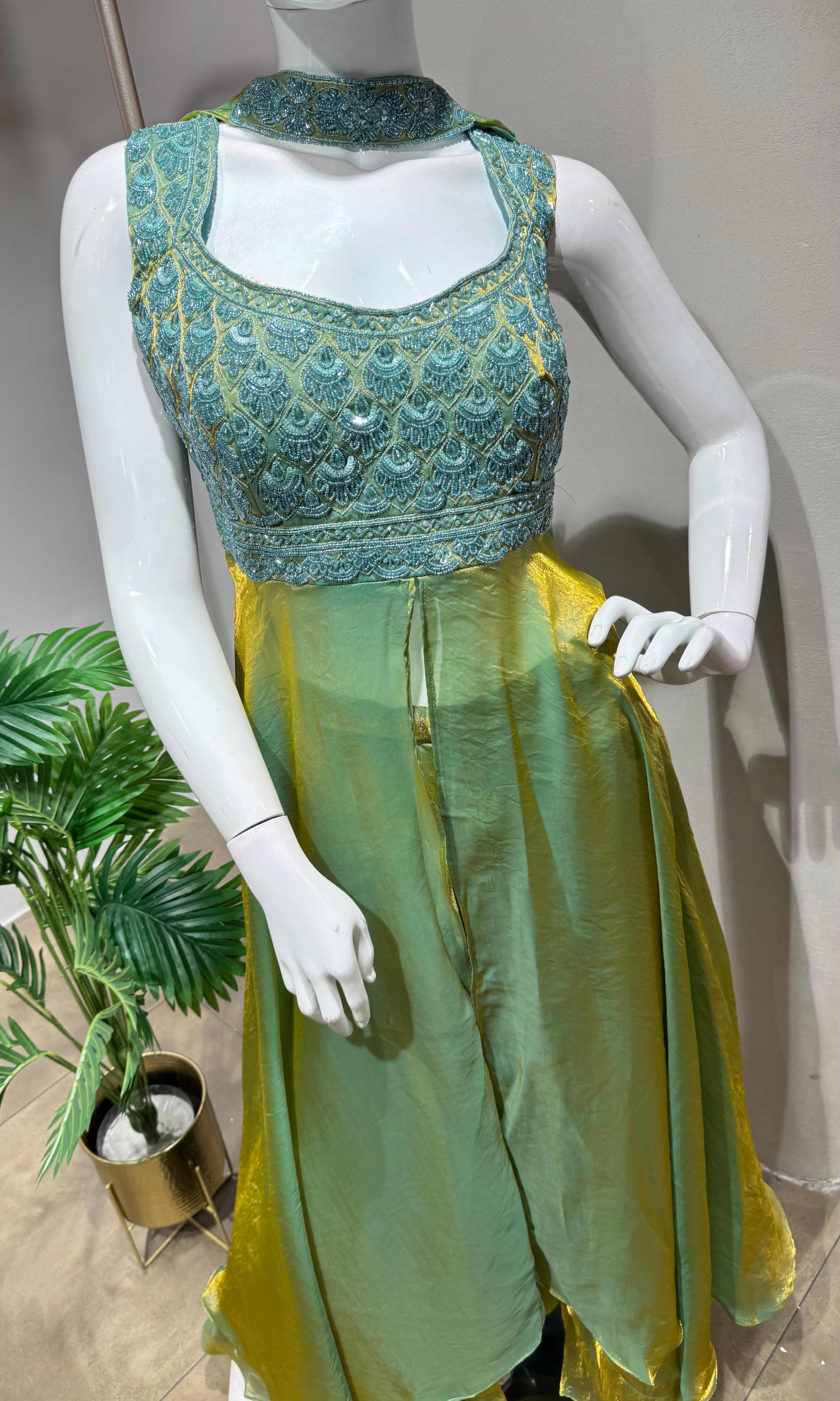 RAMA GREEN A LINE SHIMMER TISSUE PALAZZO SET