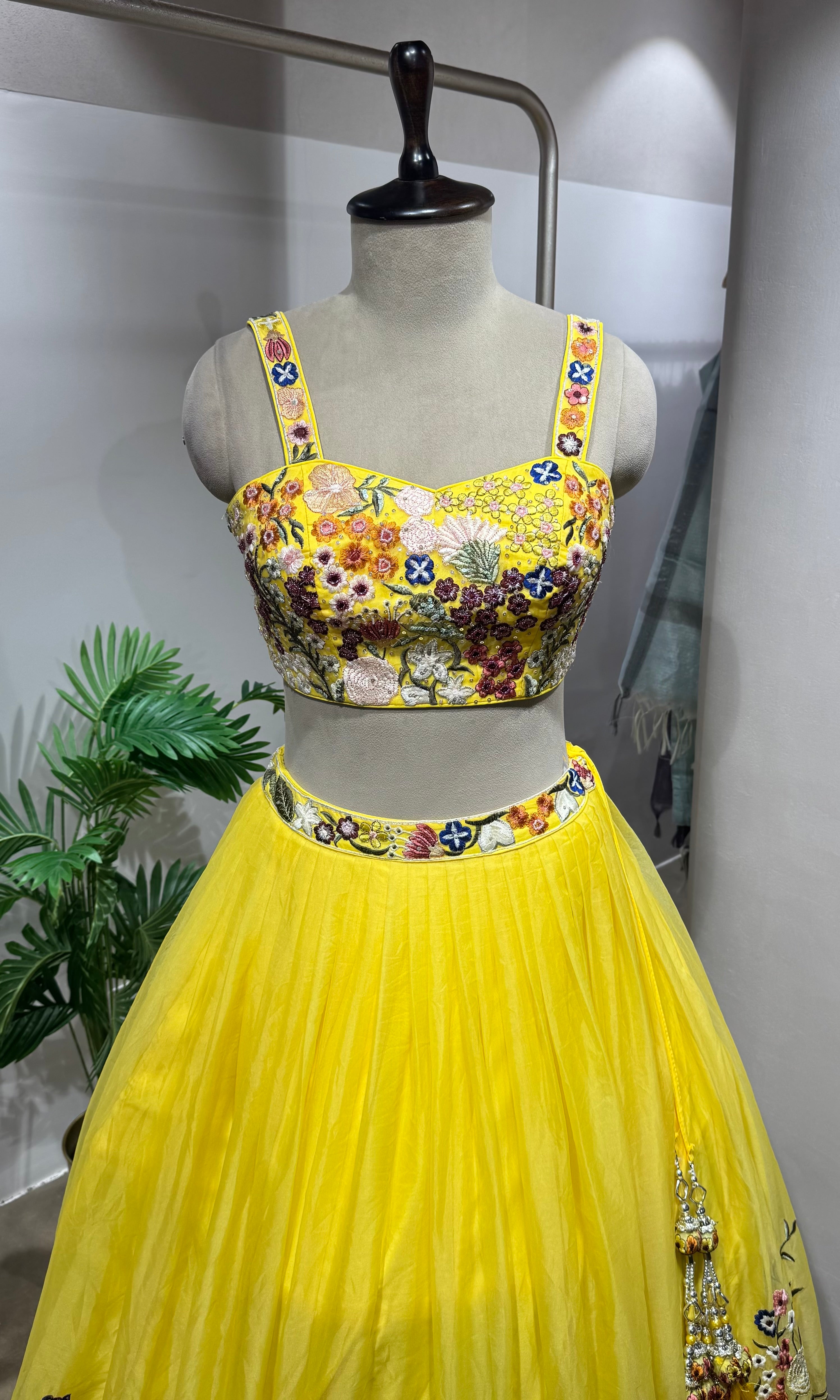 yellow floral embroidered lehenga set