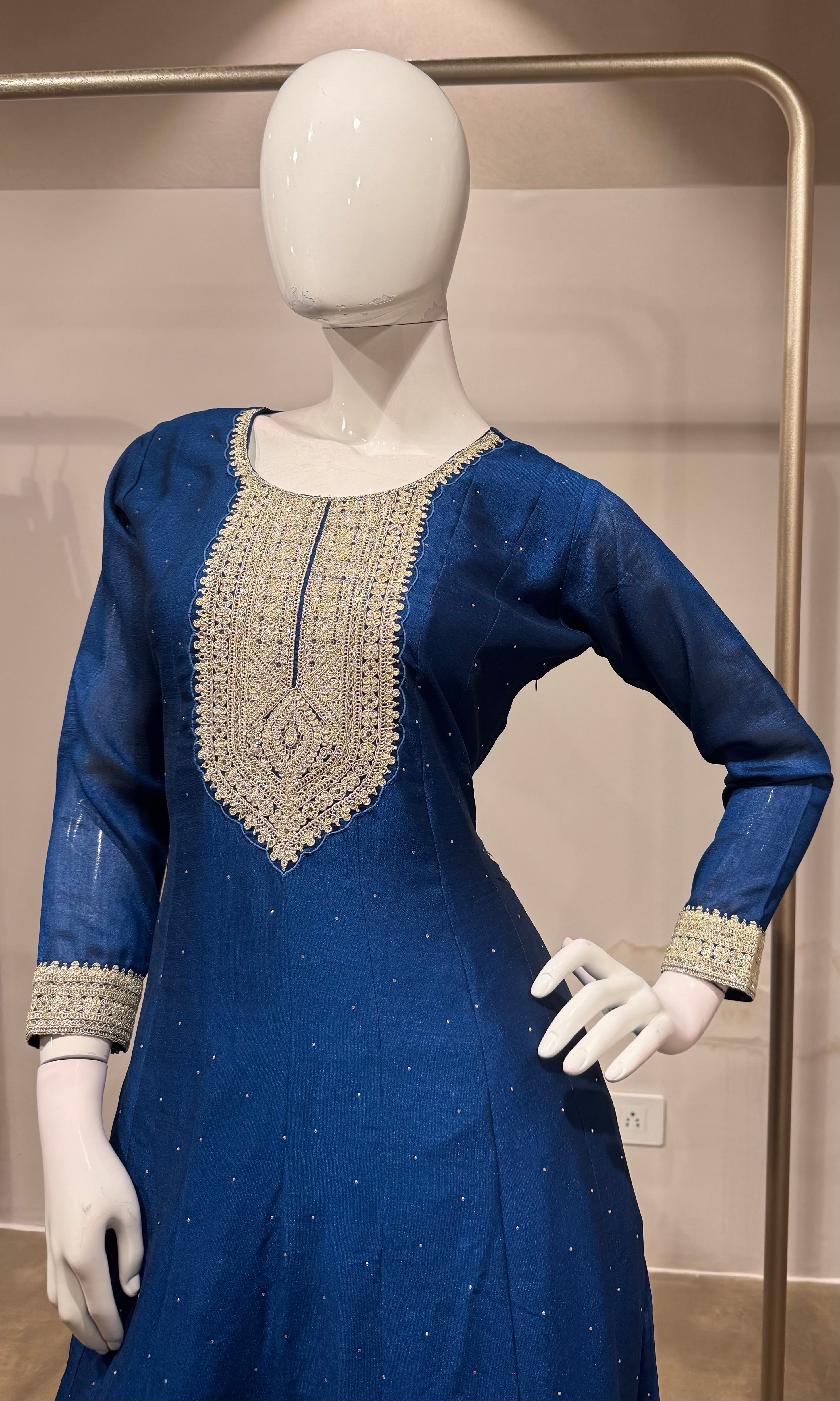 Navy Blue Embroidered Silk Kurta Set