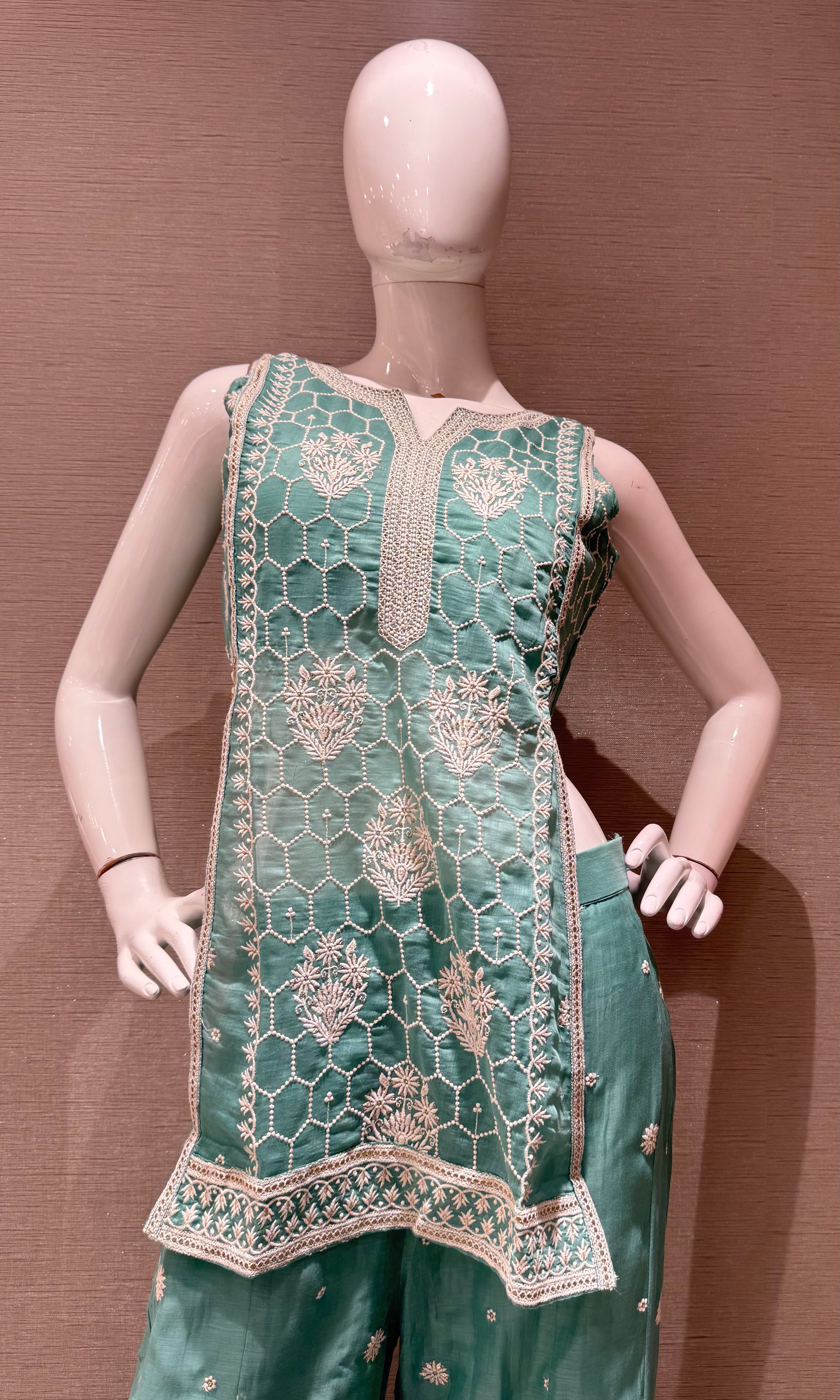 Sea green Floral Embroidered Palazzo with Sheer Dupatta