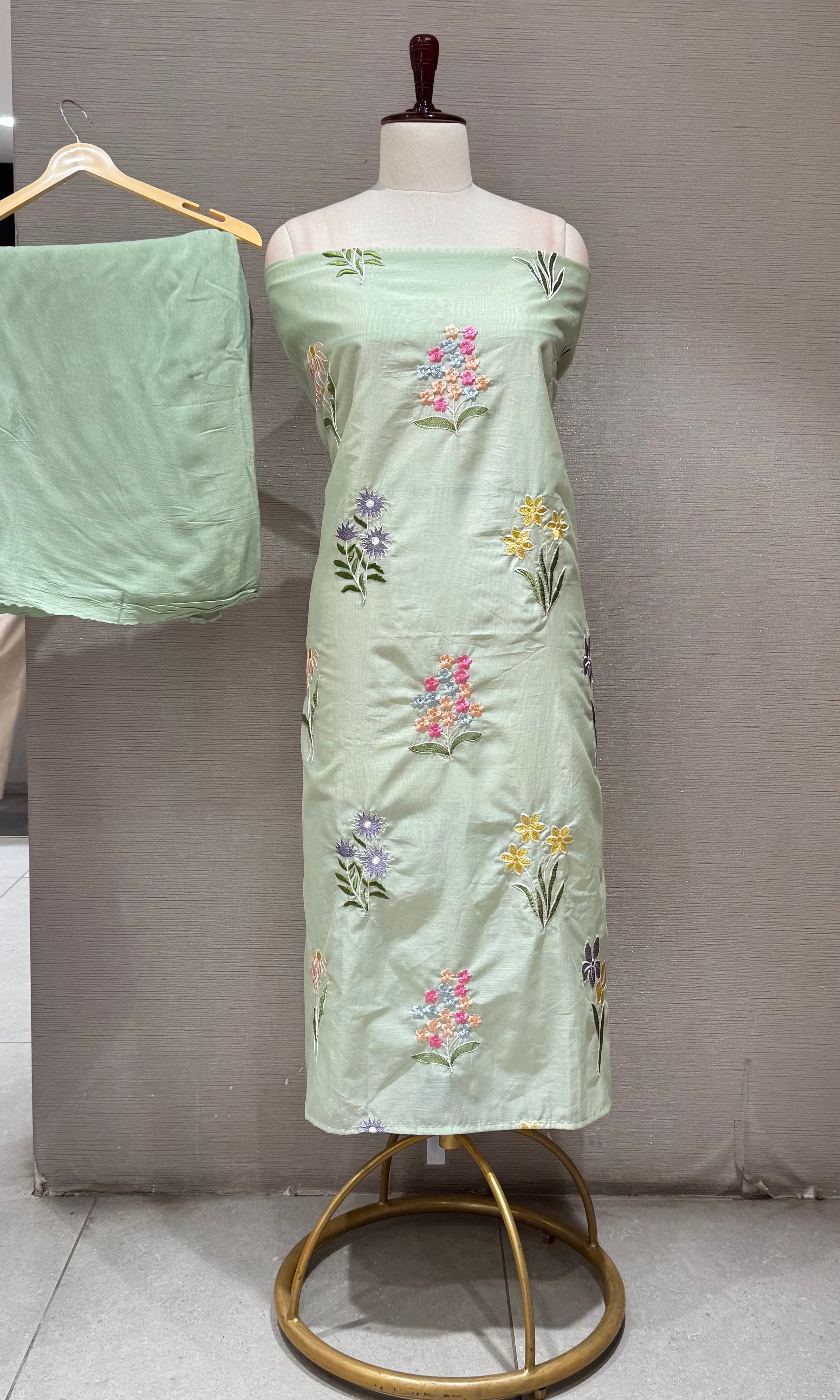Pastel Light Green Floral Embroidery Dress material