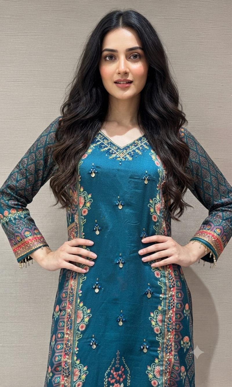 Sea green Embroidered Salwar Suit with Floral Dupatta