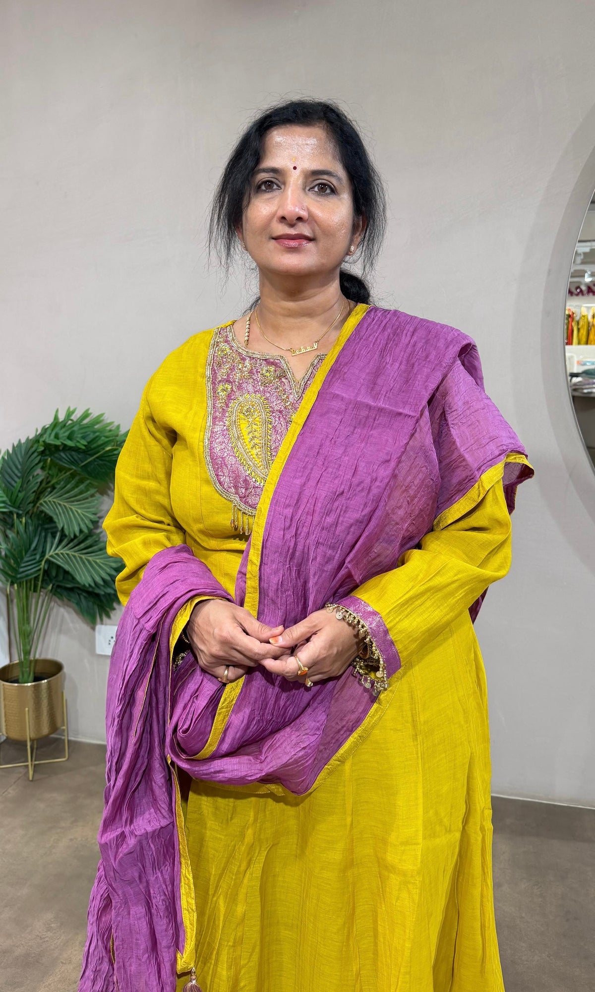 Mustard Anarkali Set with Magenta Dupatta