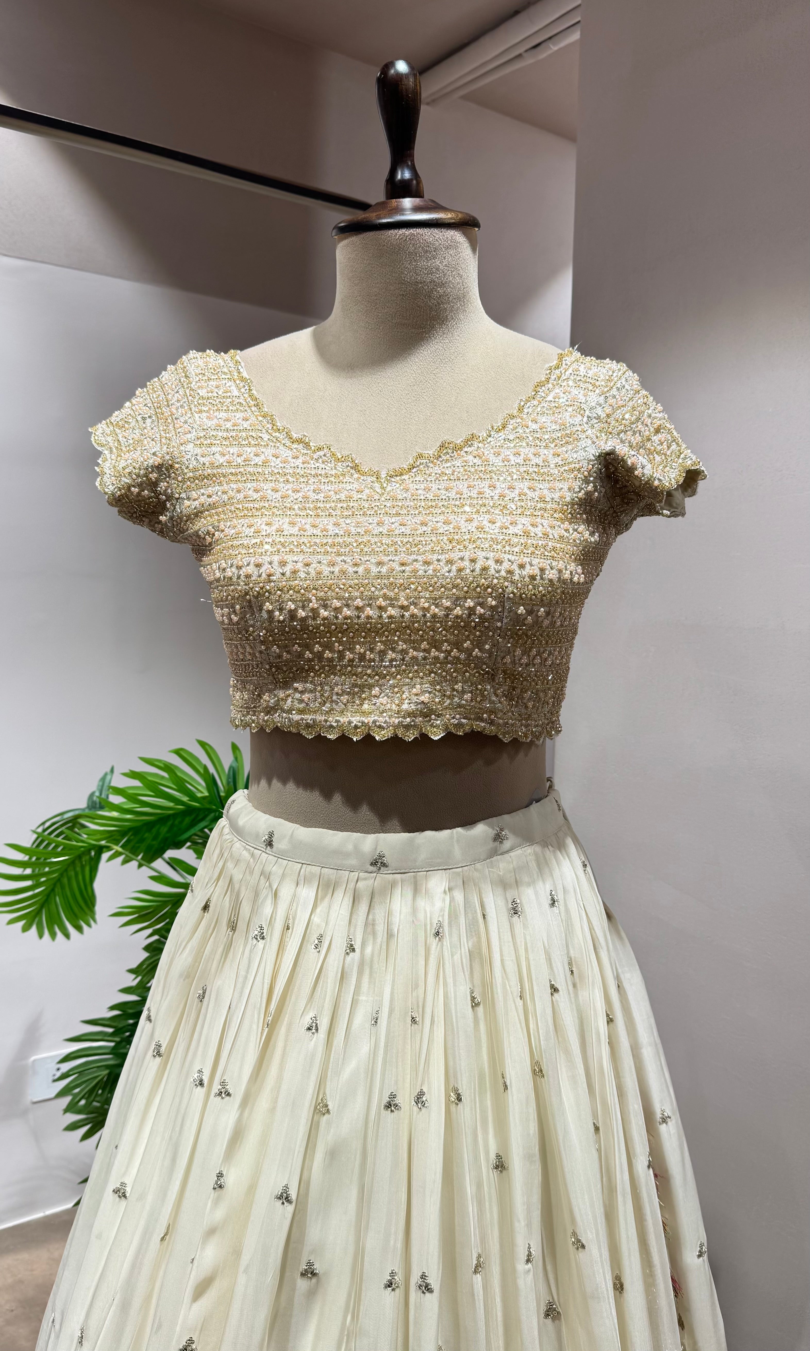 Cream Floral Lehenga with Embellished Blouse