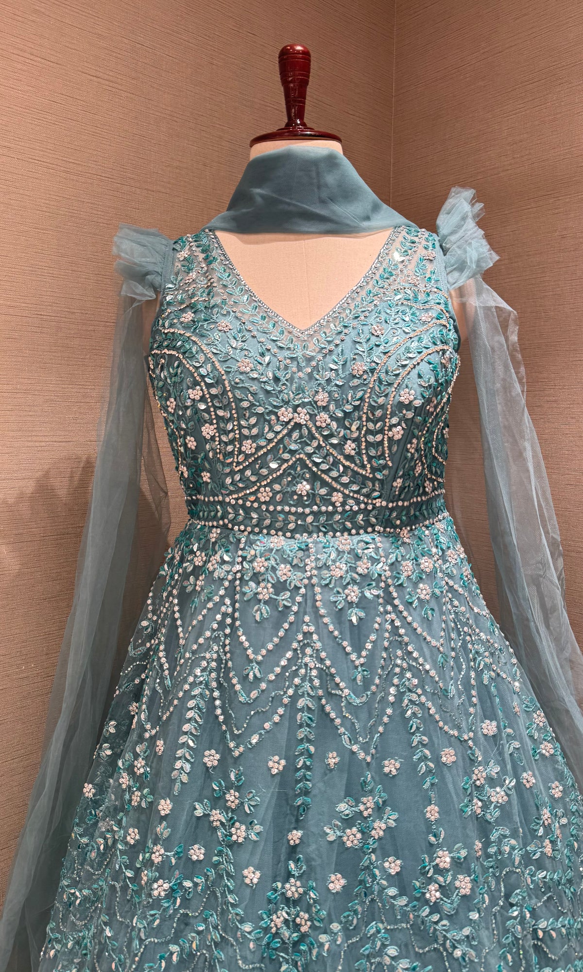 Sage Green Floral Embellished Tulle Ball Gown