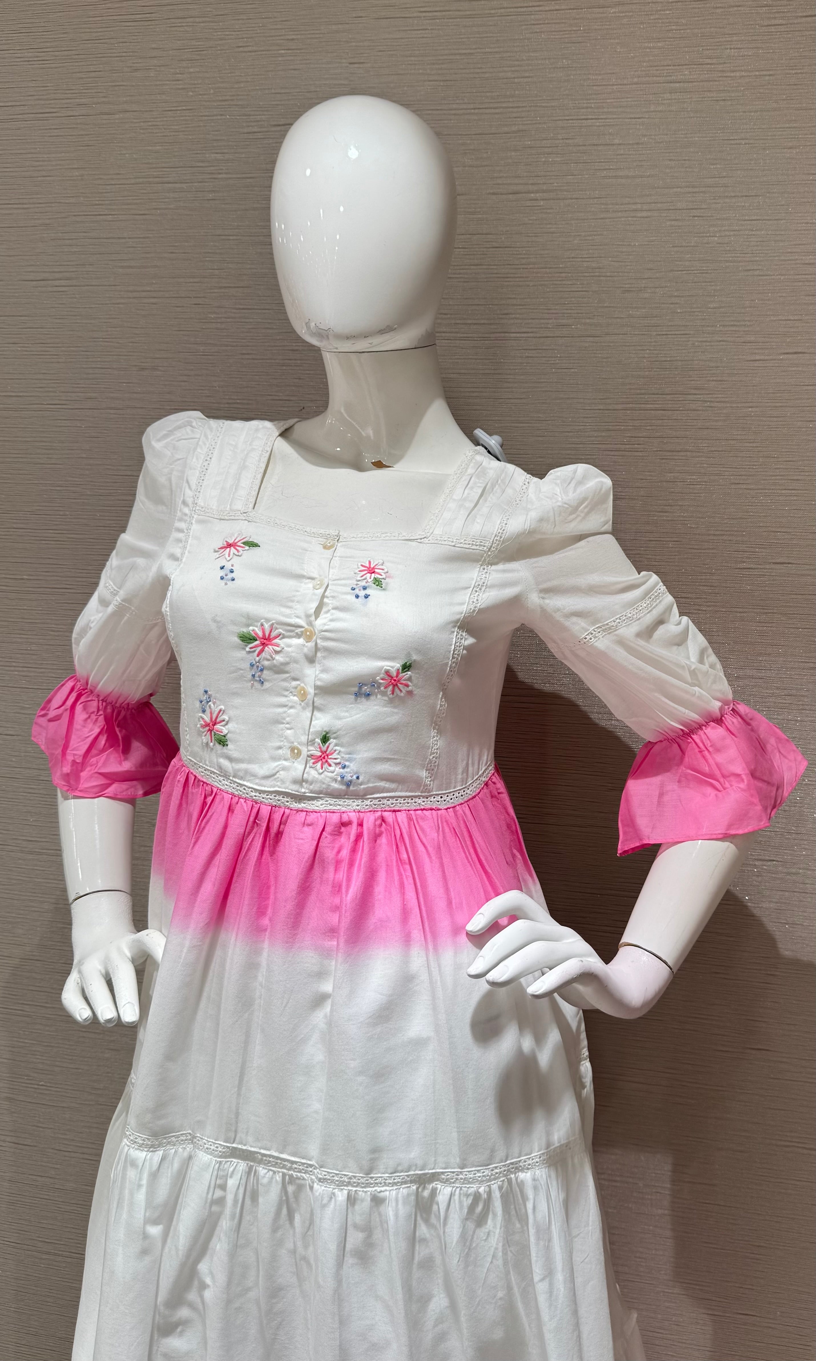 white and pink tie-dye cotton frock