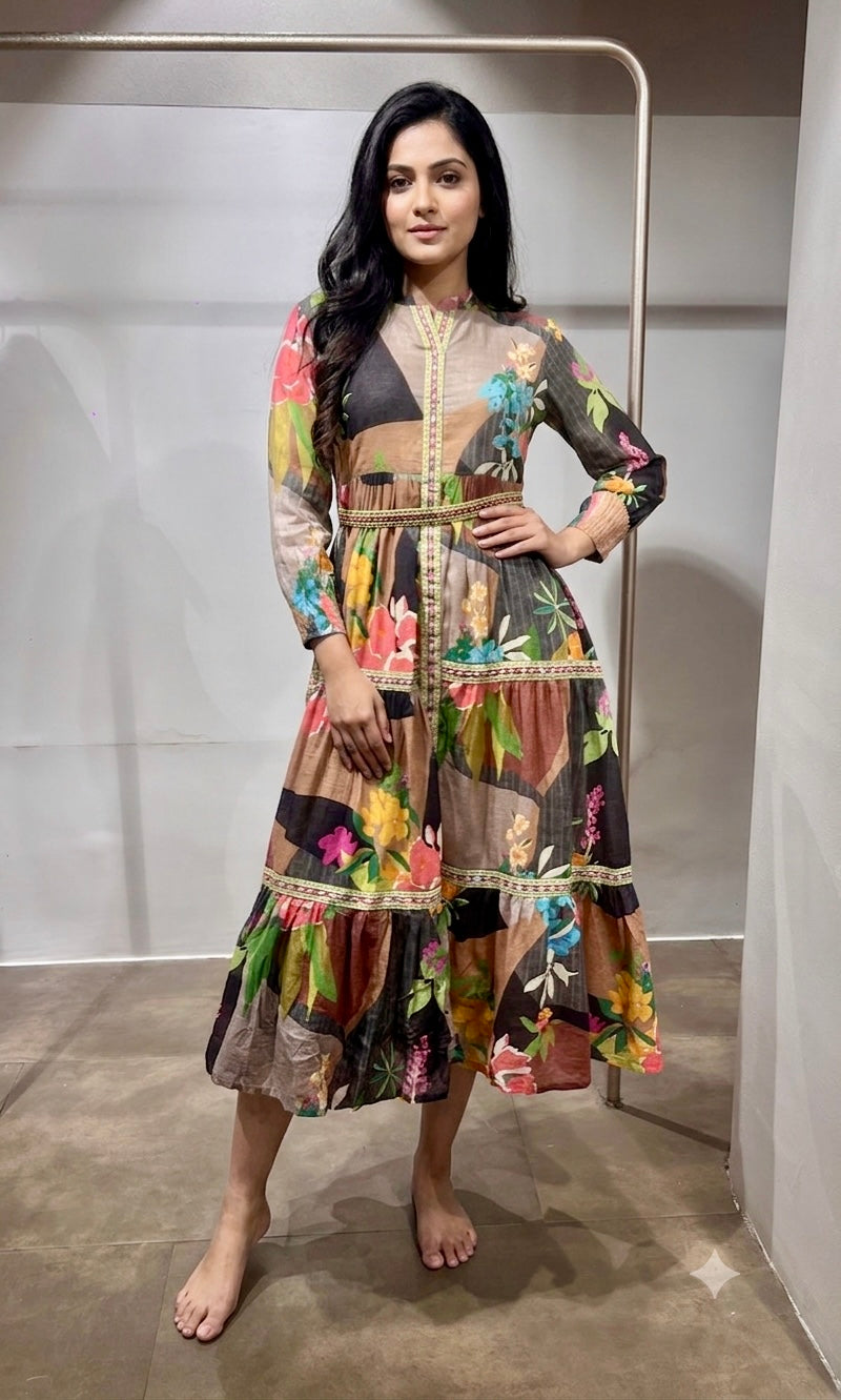 Green Multi Abstract Print Long Sleeve Frock