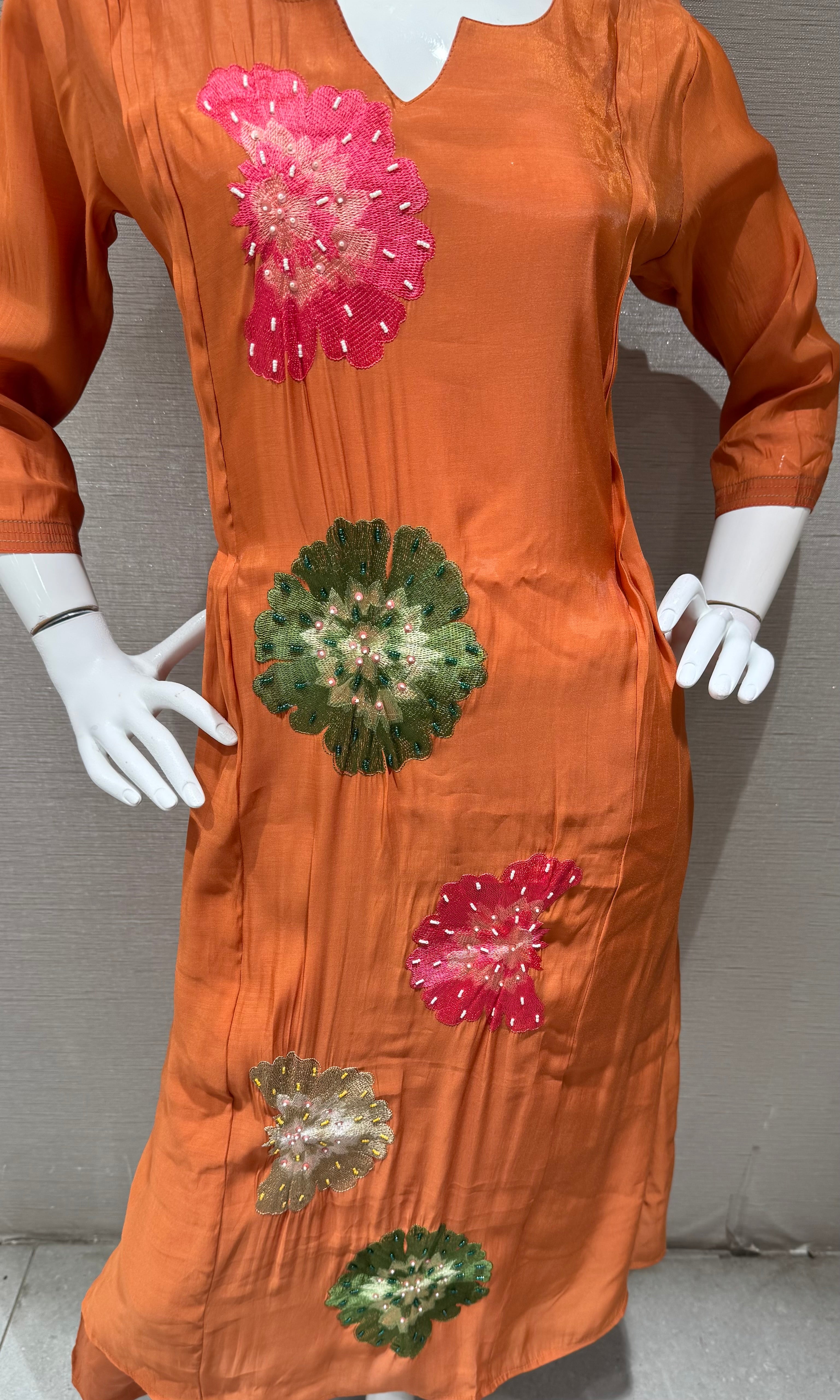 Rust cotton silk Floral Motif Kurta set with dupatta