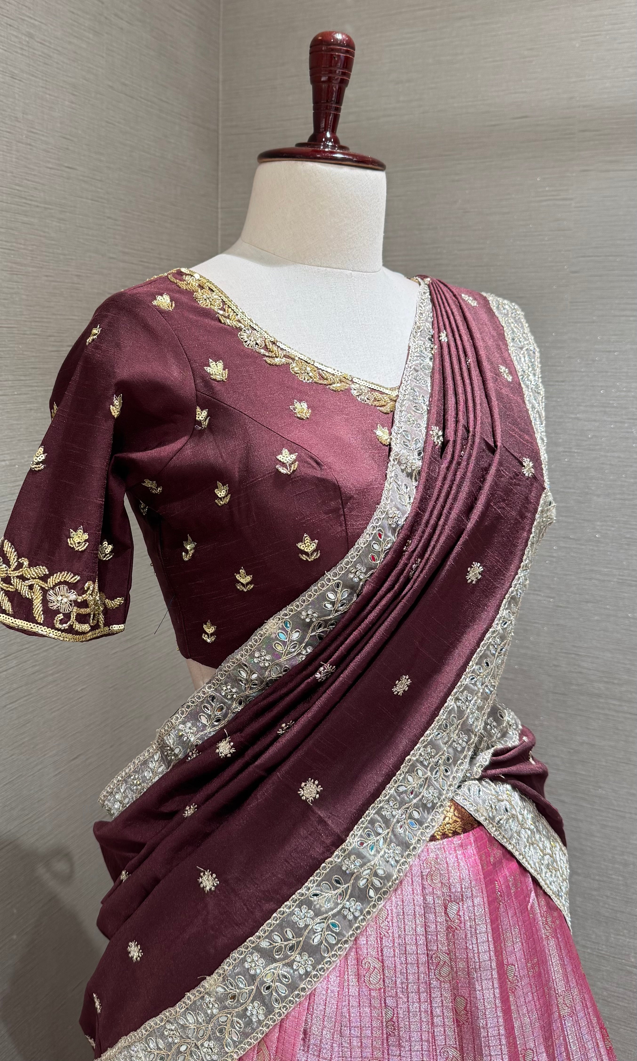 Brown And pink banarasi pattu lehenga with embroidered blouse