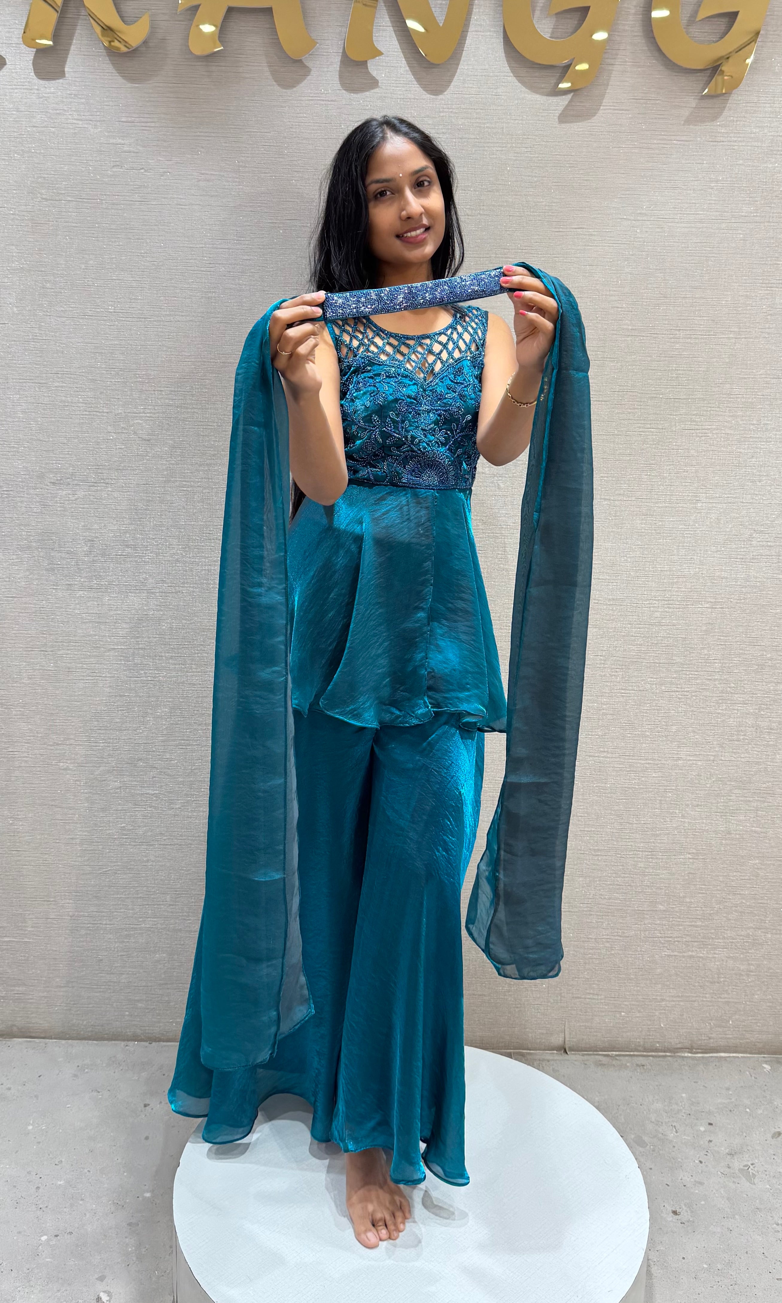 Rama Blue Georgette Peplum Palazzo Set