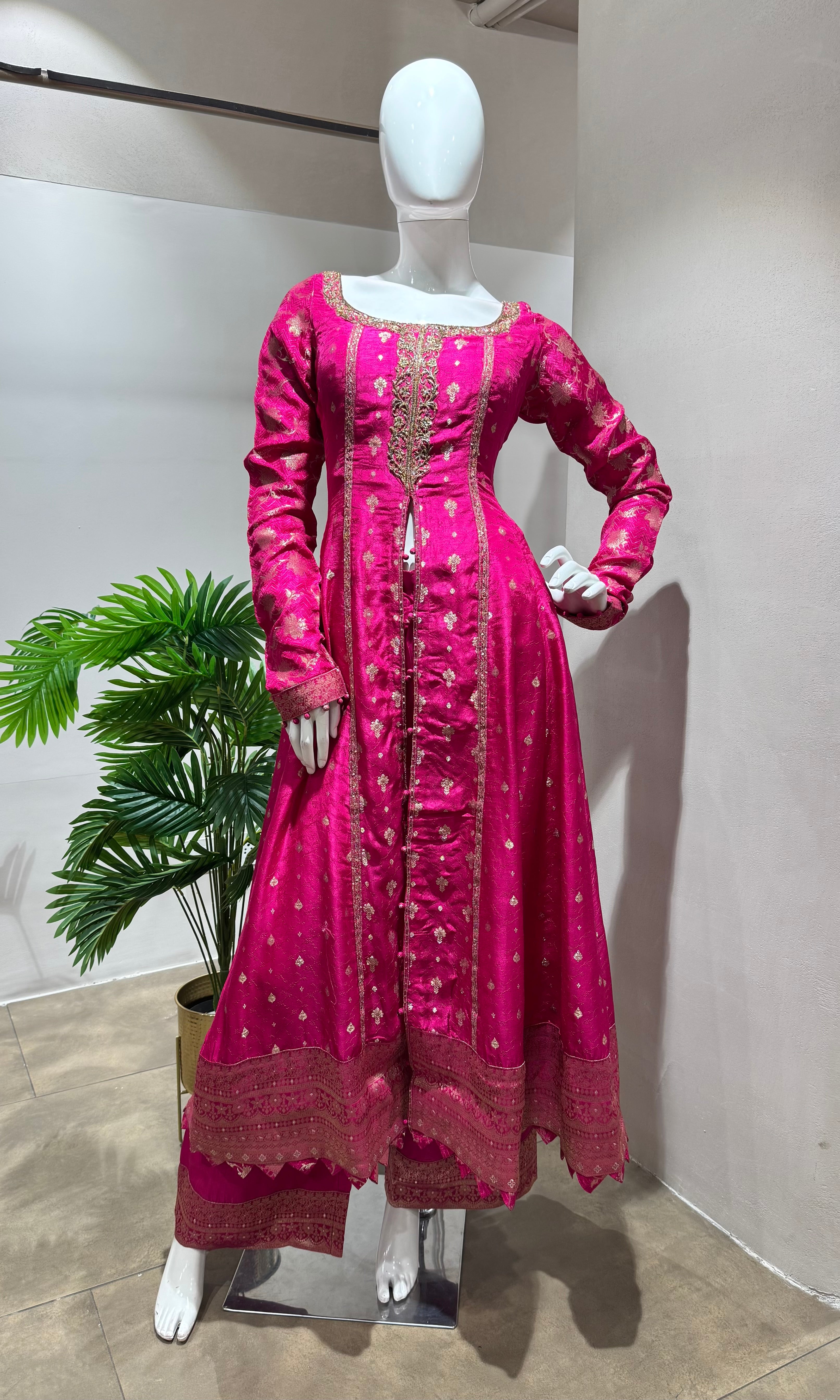 PINK GOLD EMBROIDERED FRONT SLIT ANARKALI SET