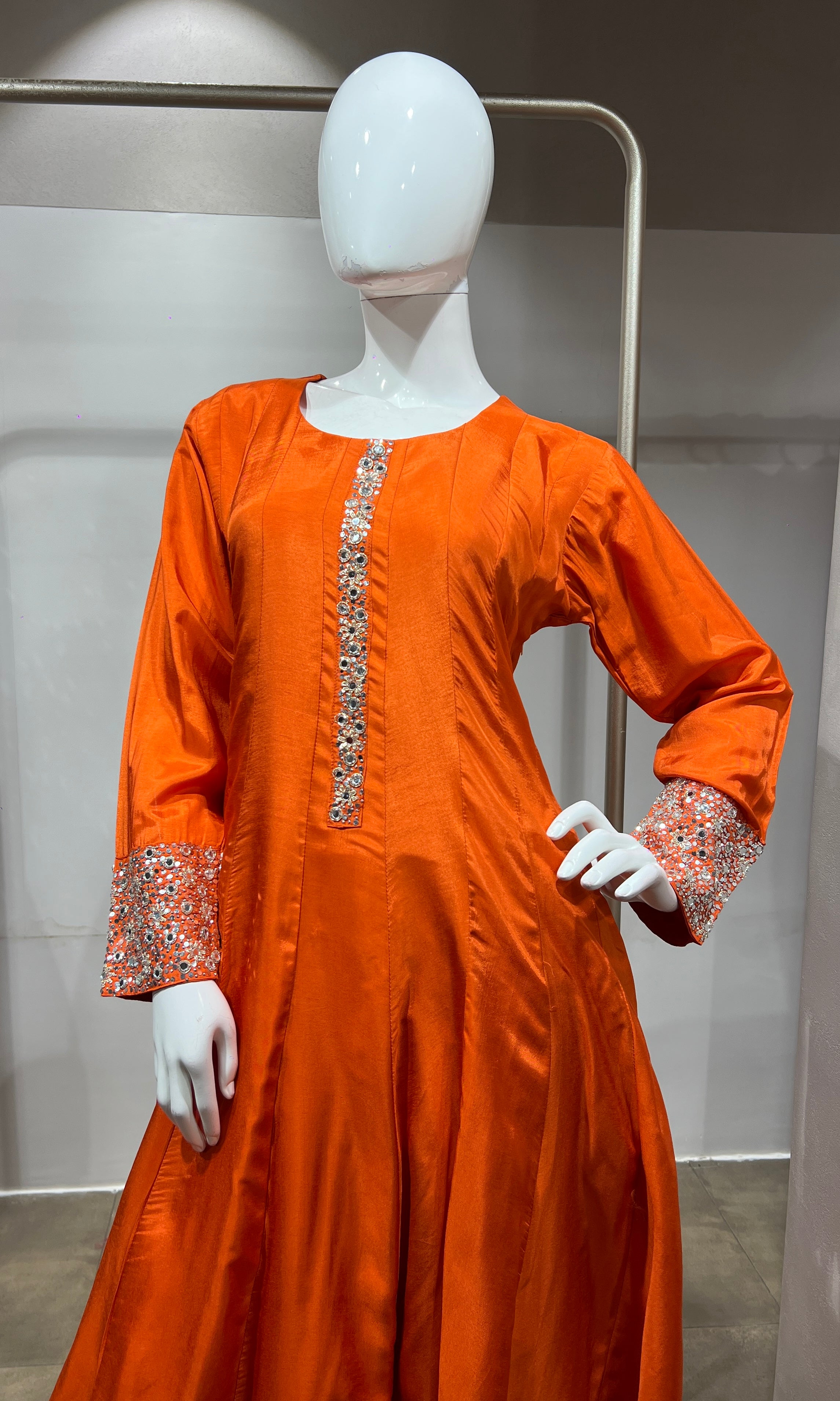 Orange Straight Kurta Set with Mirror Embroidery