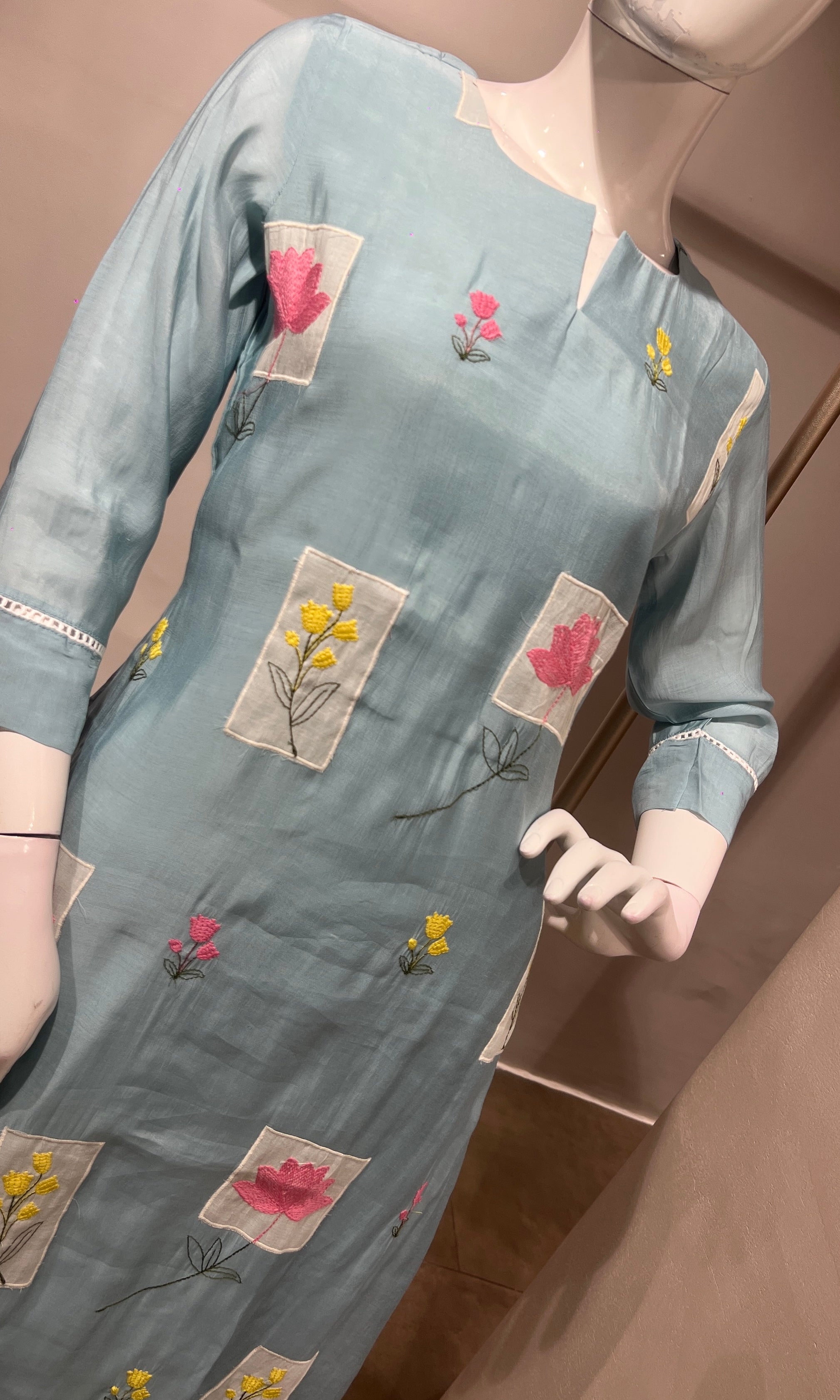 Sea Blue Patchwork Embroidered Kurta Set with Dupatta