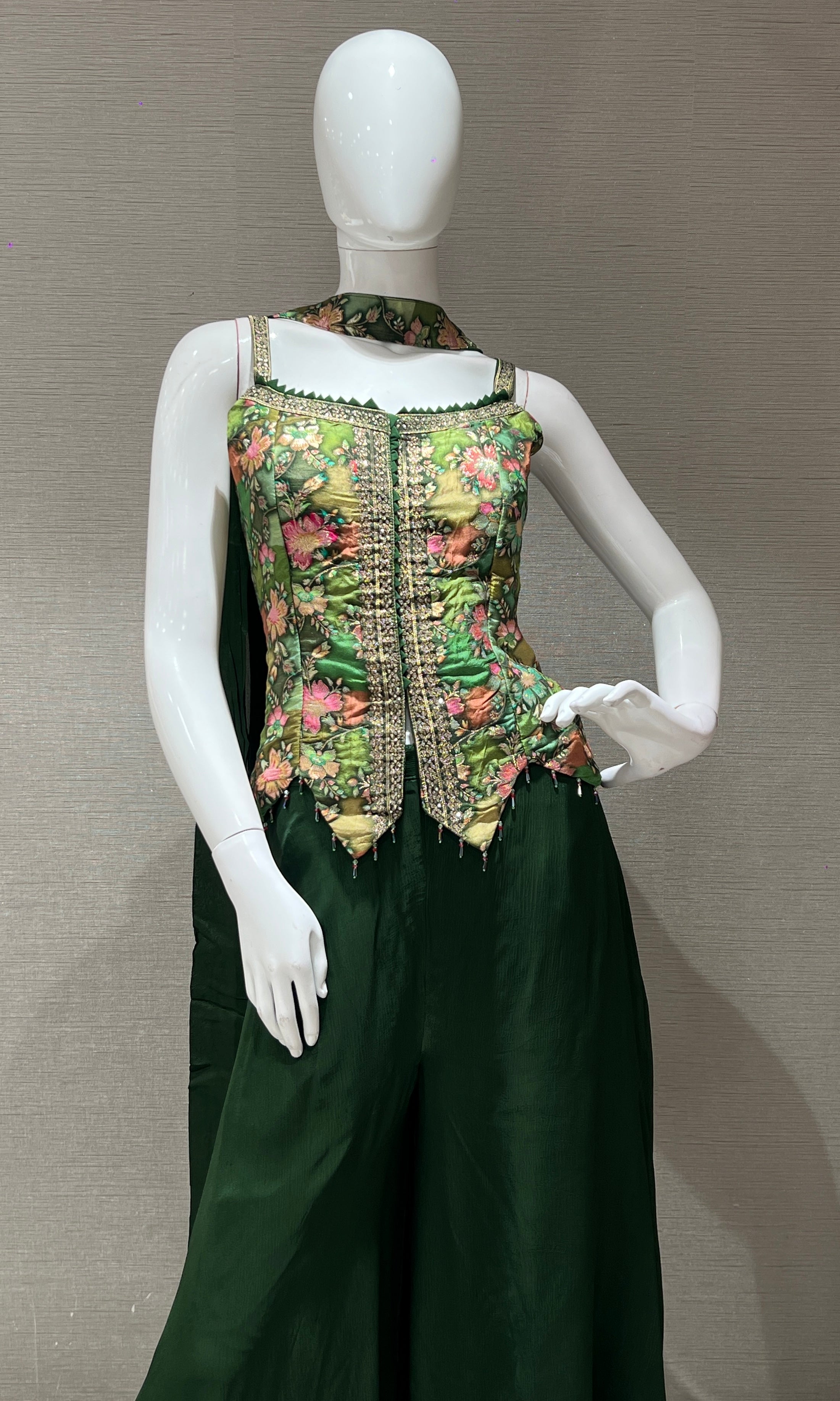 Green Floral Peplum Top with Palazzo Set