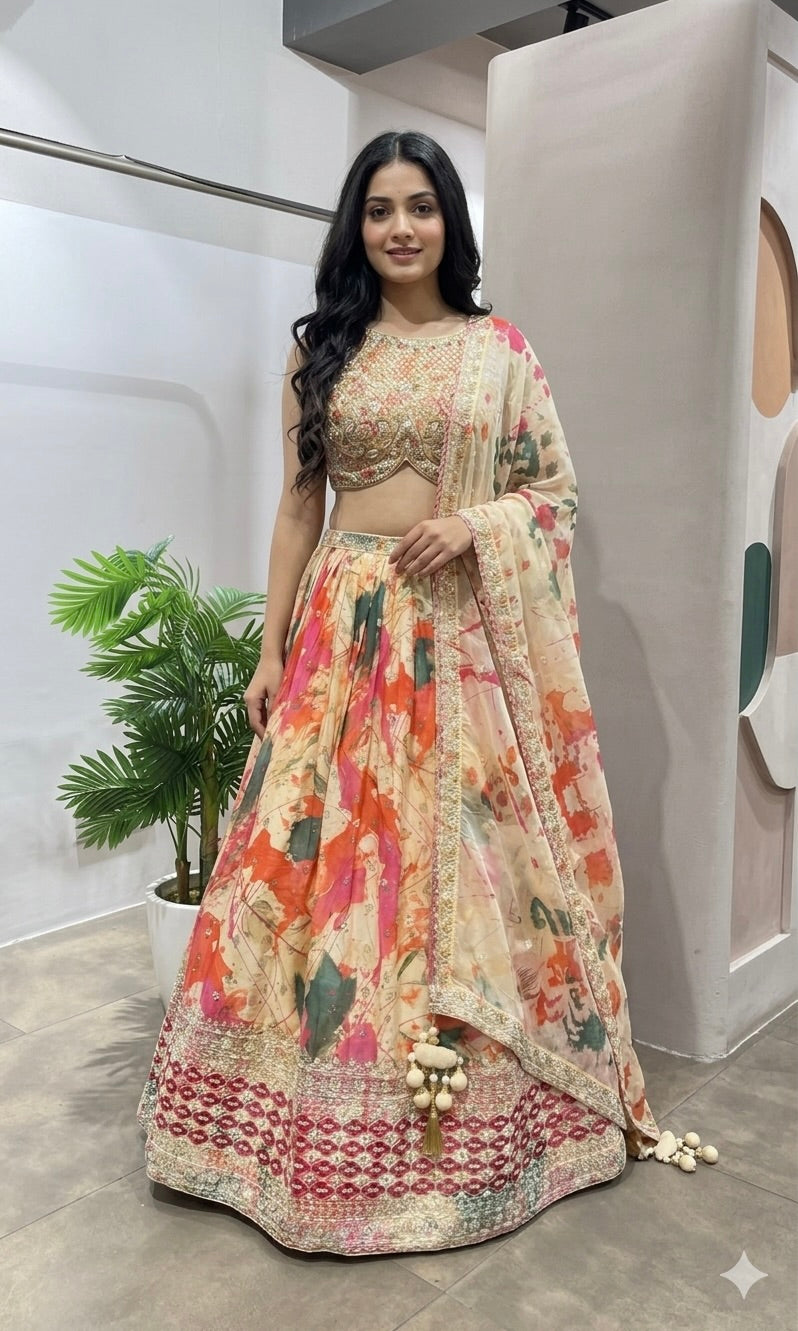 Peach FLORAL INTRICATE EMBROIDERY Lehenga