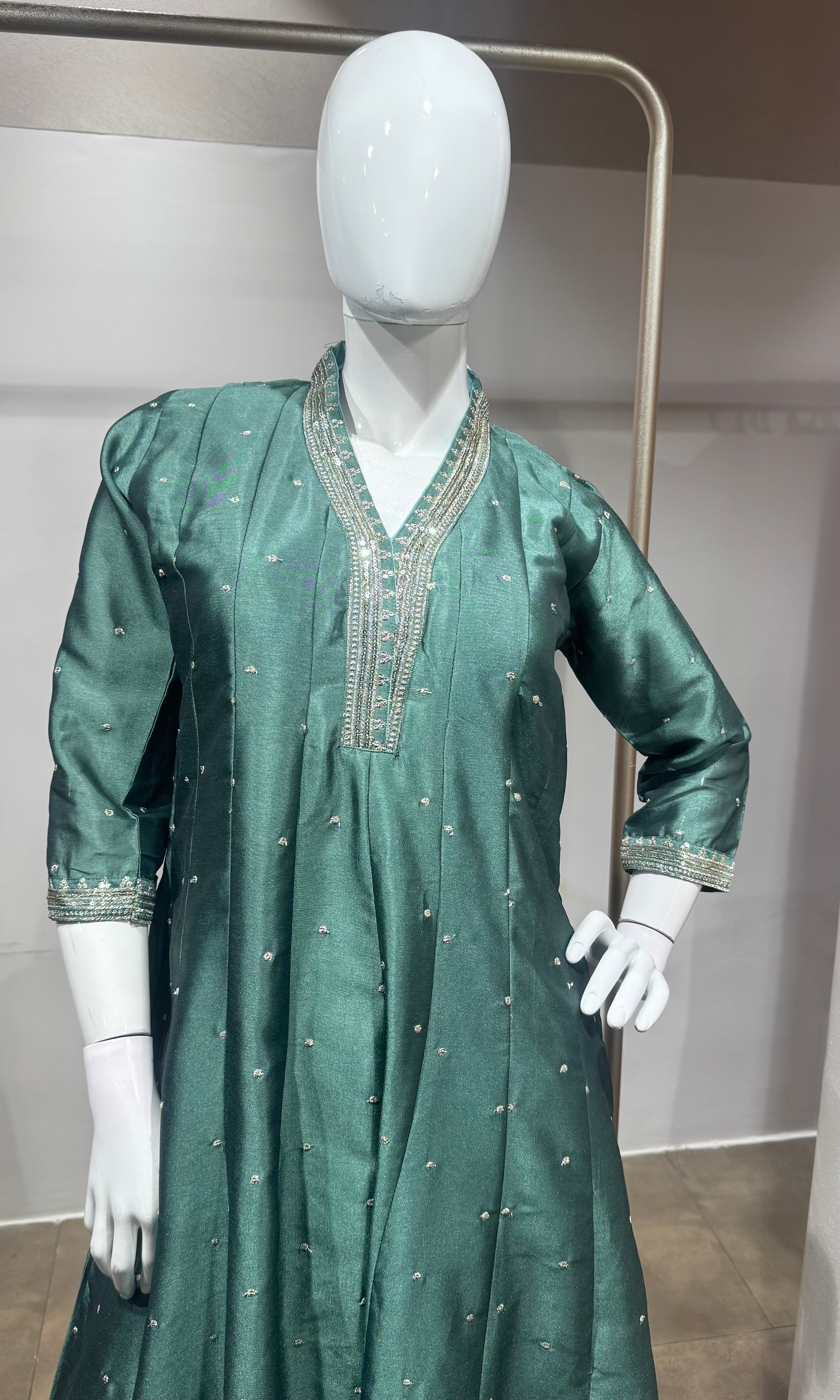 Green gold Embroidered Silk Anarkali set