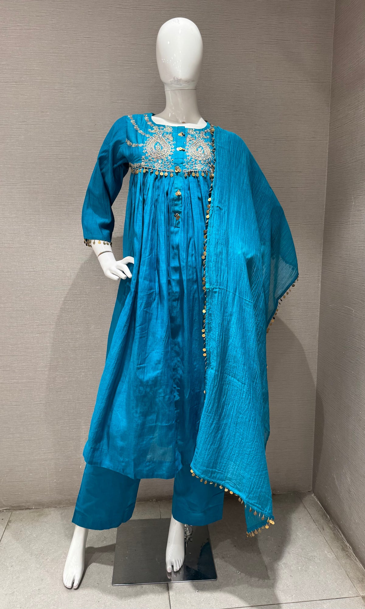 RAMA BLUE COTTON ETHNIC A LINE KURTA SET WITH DUPATTA