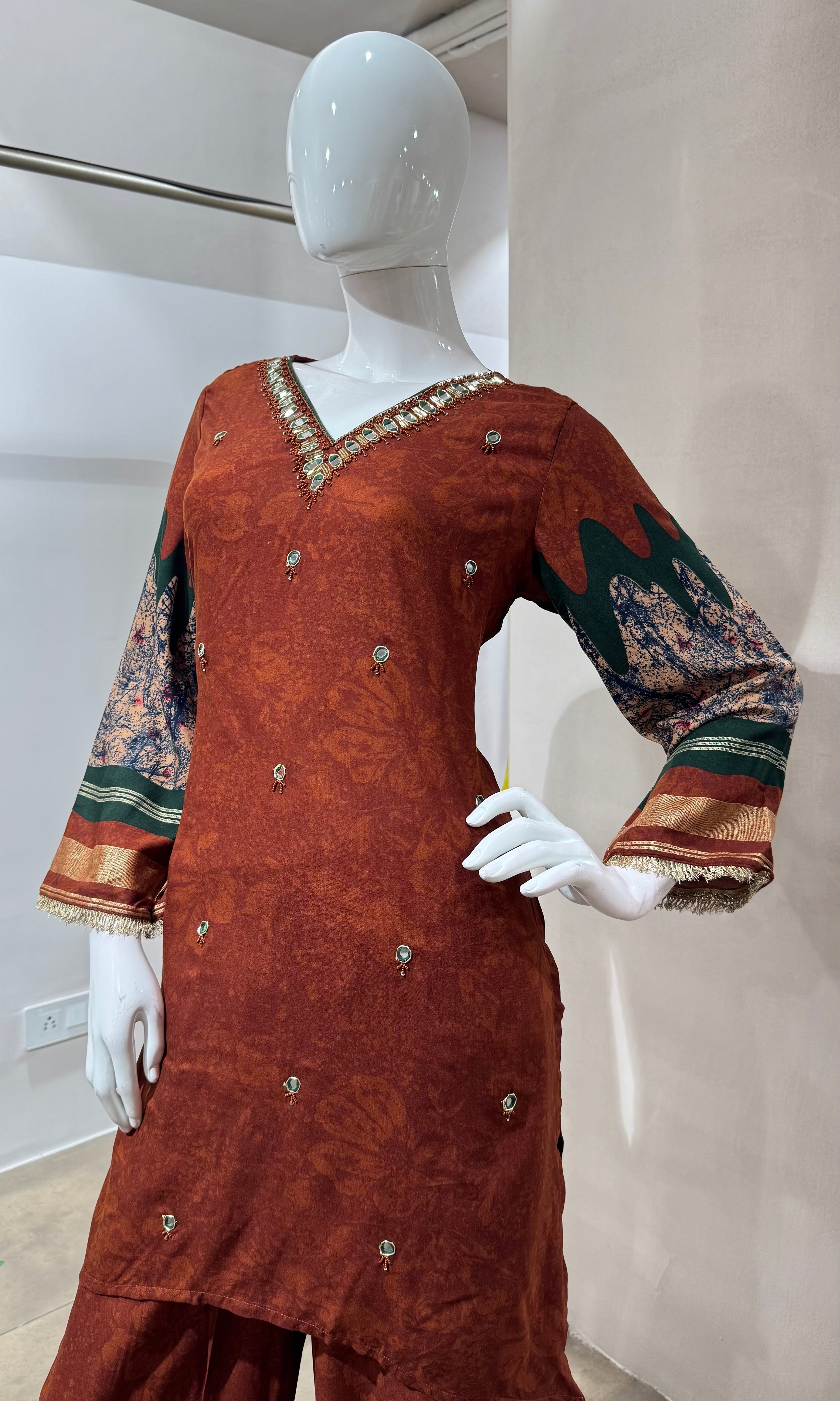 RUST PRINTED KURTI WITH BOTTOM