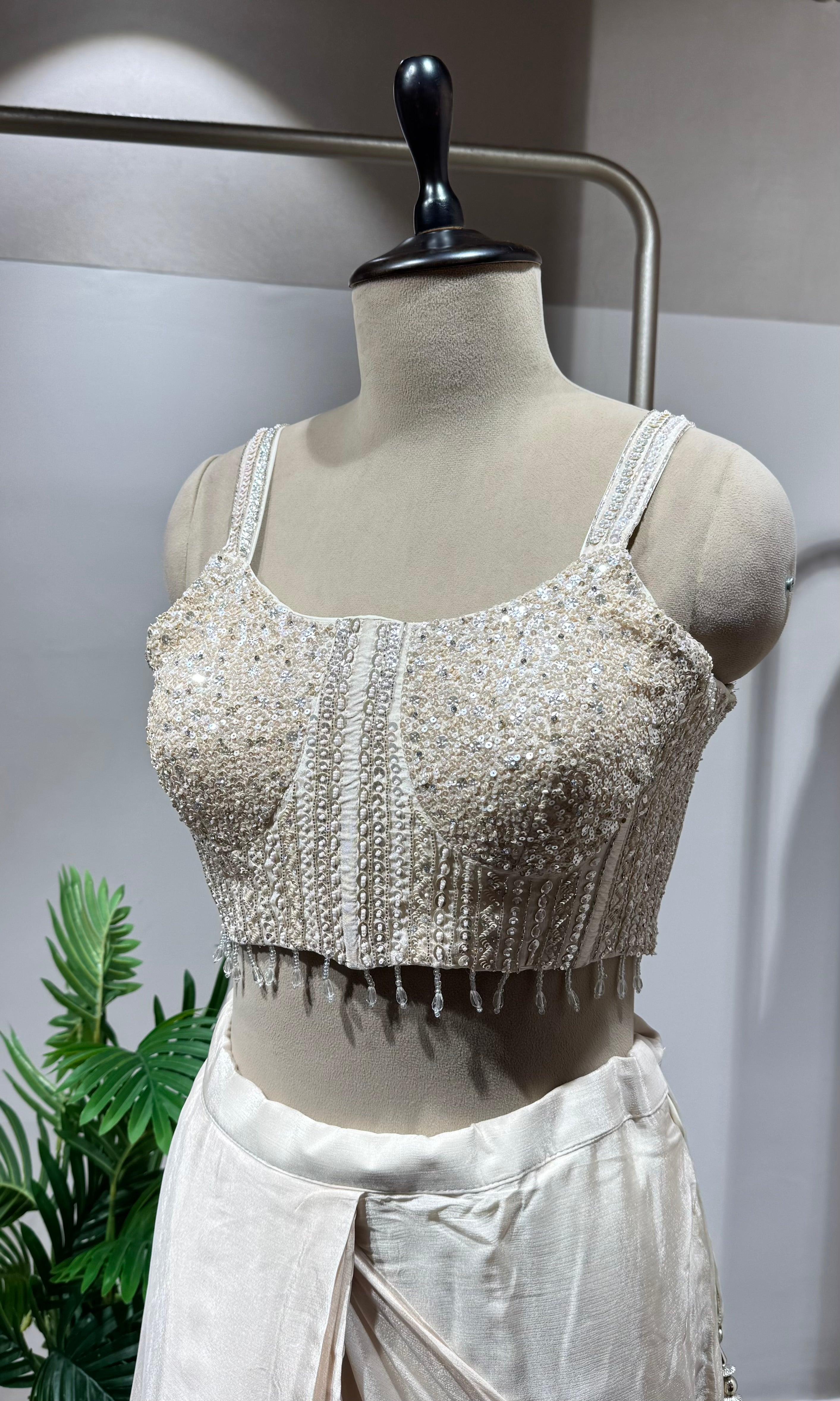 Cream Satin Drape Saree with Sequin Blouse