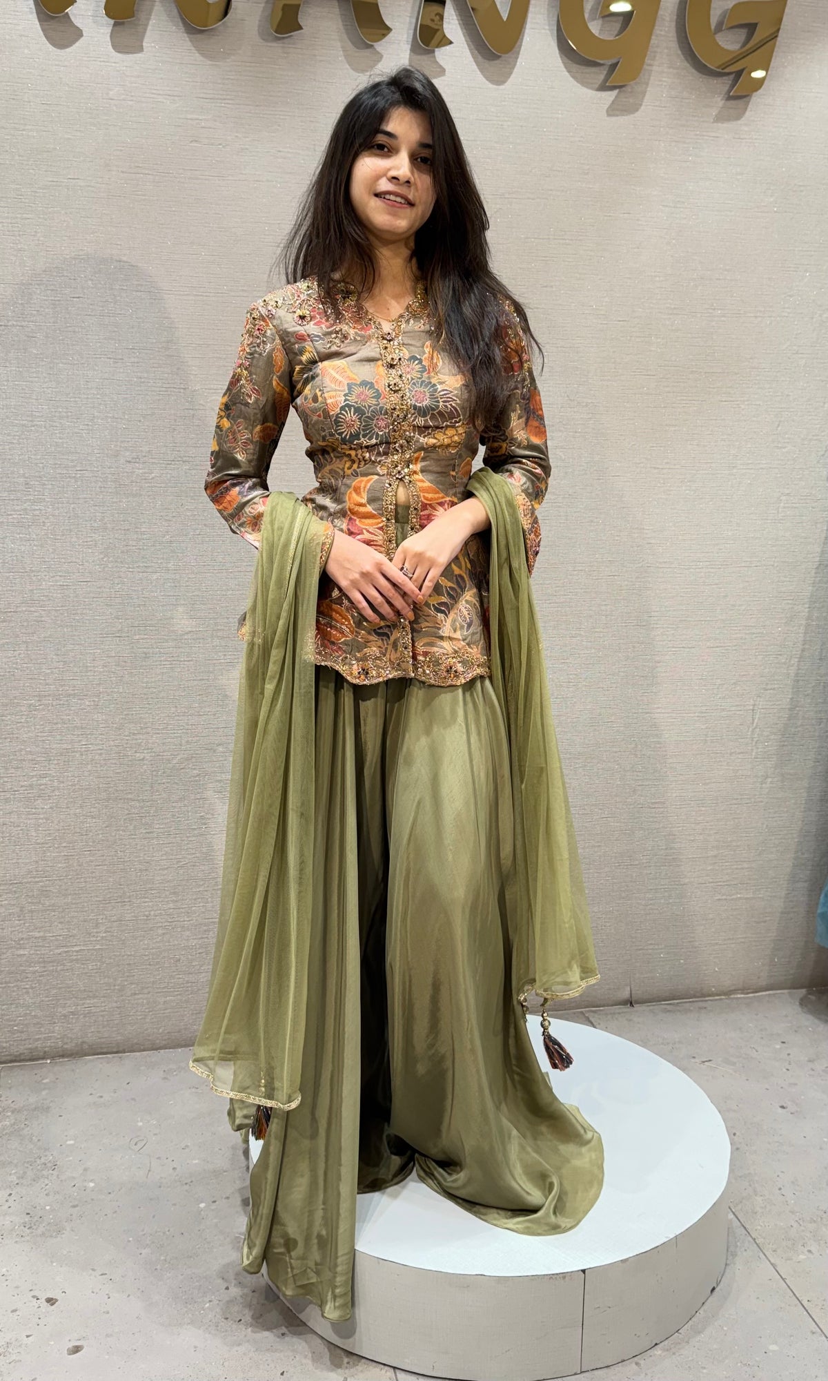 Olive Green Ensemble Peplum Palazzo set with dupatta