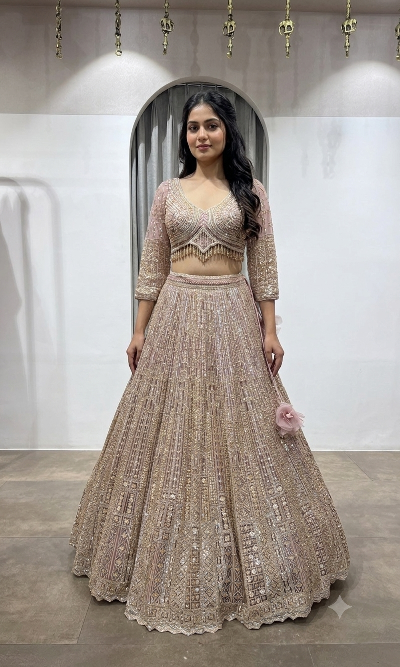 Pink Rose Gold Embroidered Lehenga with Dupatta