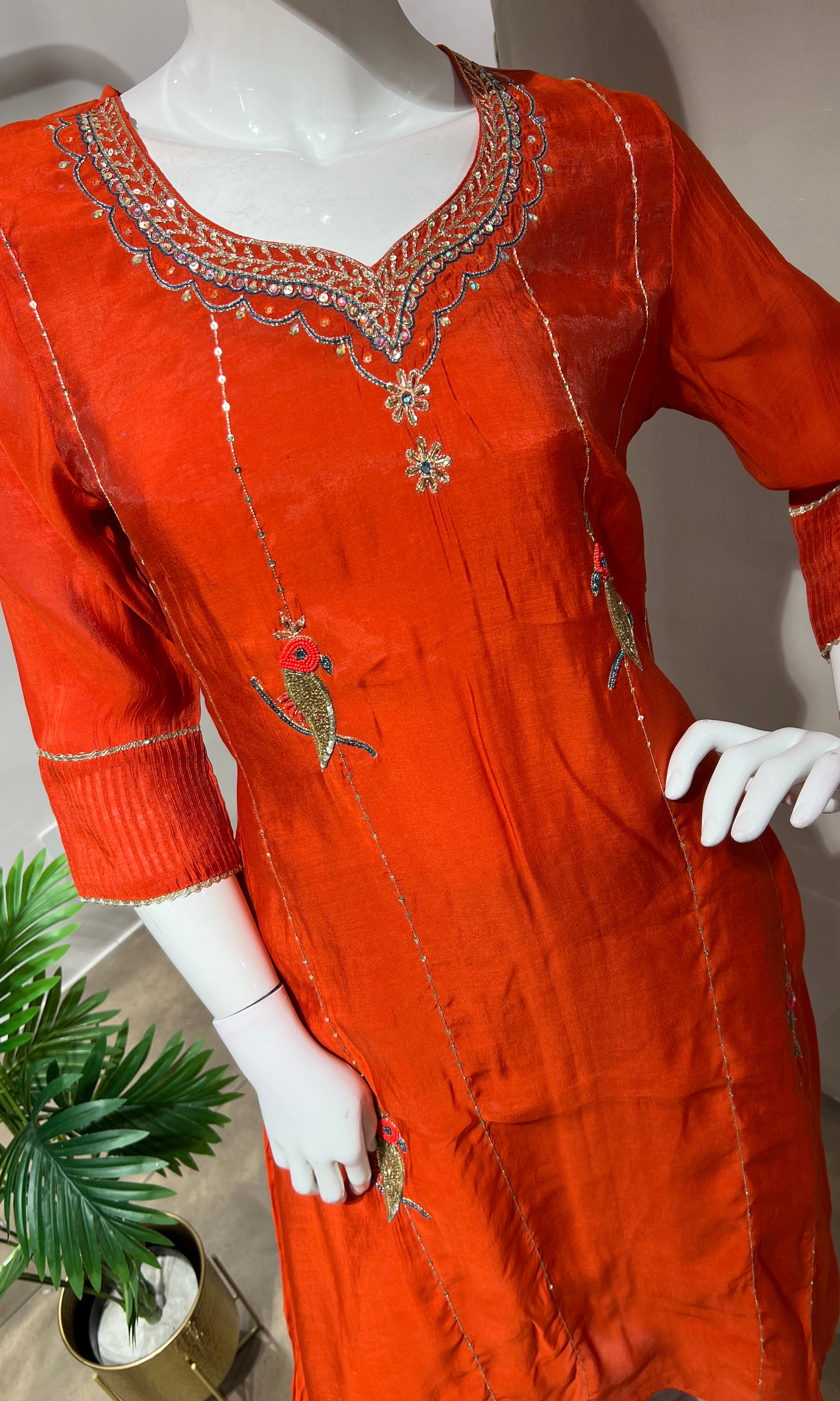RUST Floral EMBROIDERY MULCHANDERI KURTA SET
