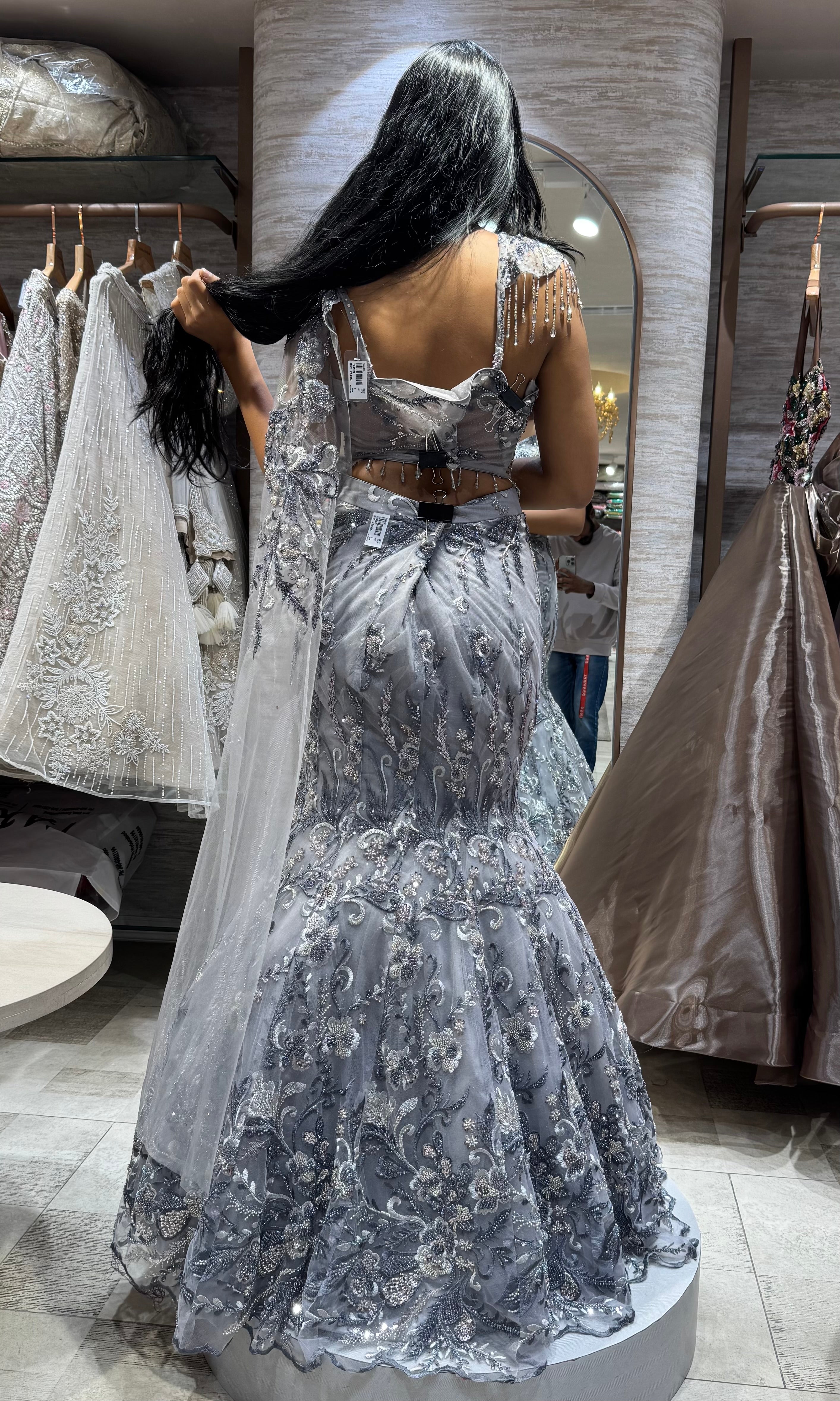 Grey Shimmer Sequins Embroidery Lehenga