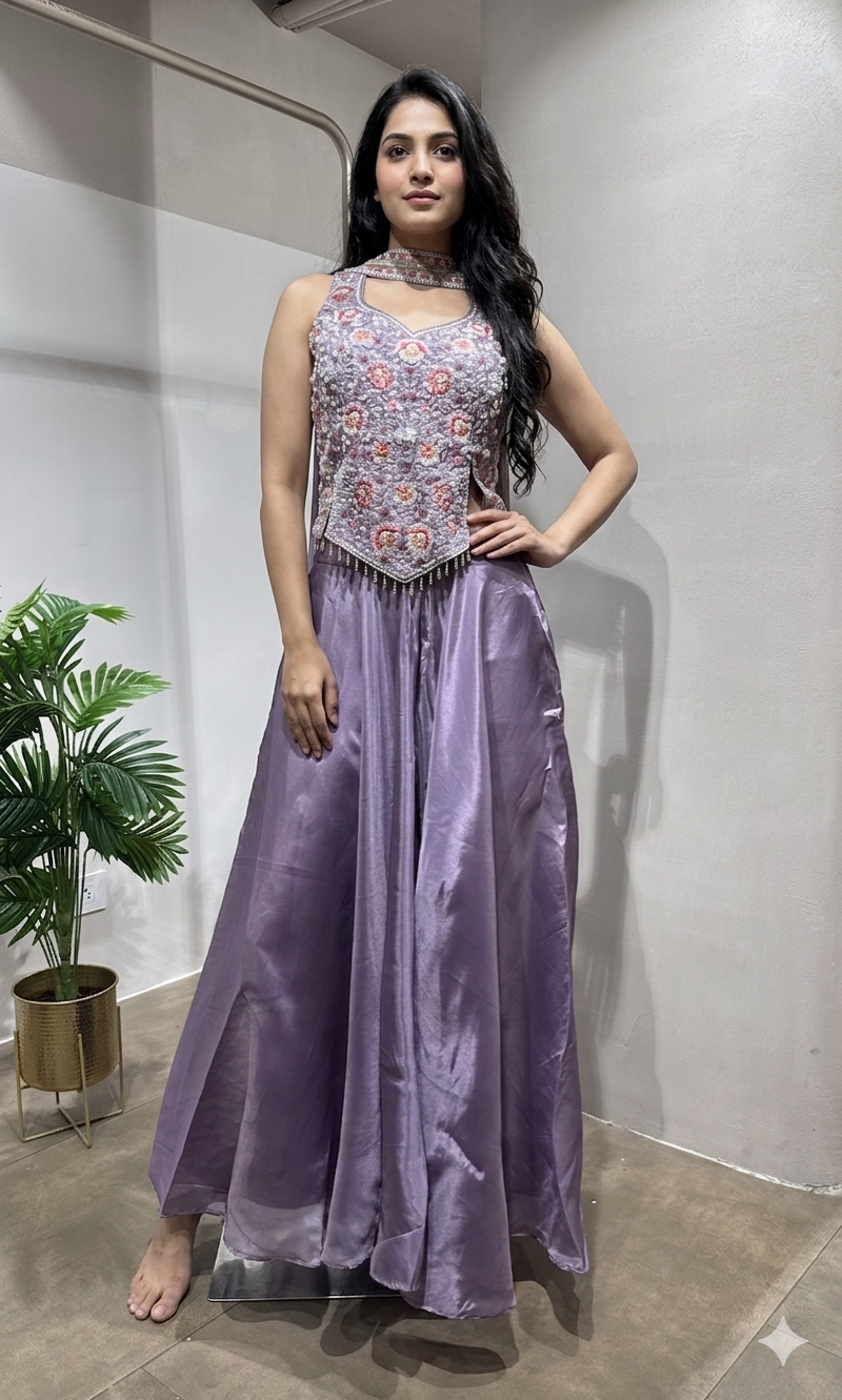 Lavender embroidered crop top set with flared palazzo