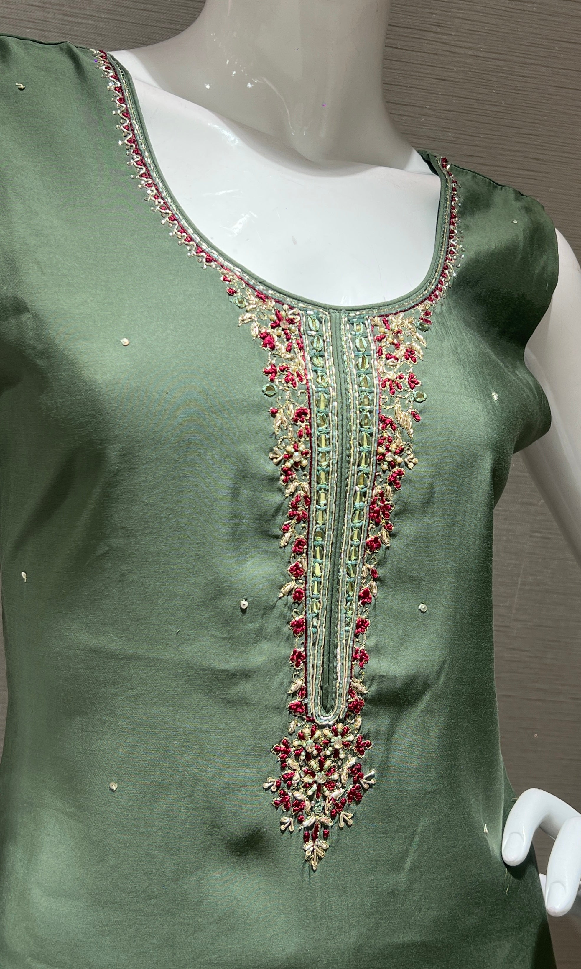 Green Embroidered Kurta Set with Woven Dupatta