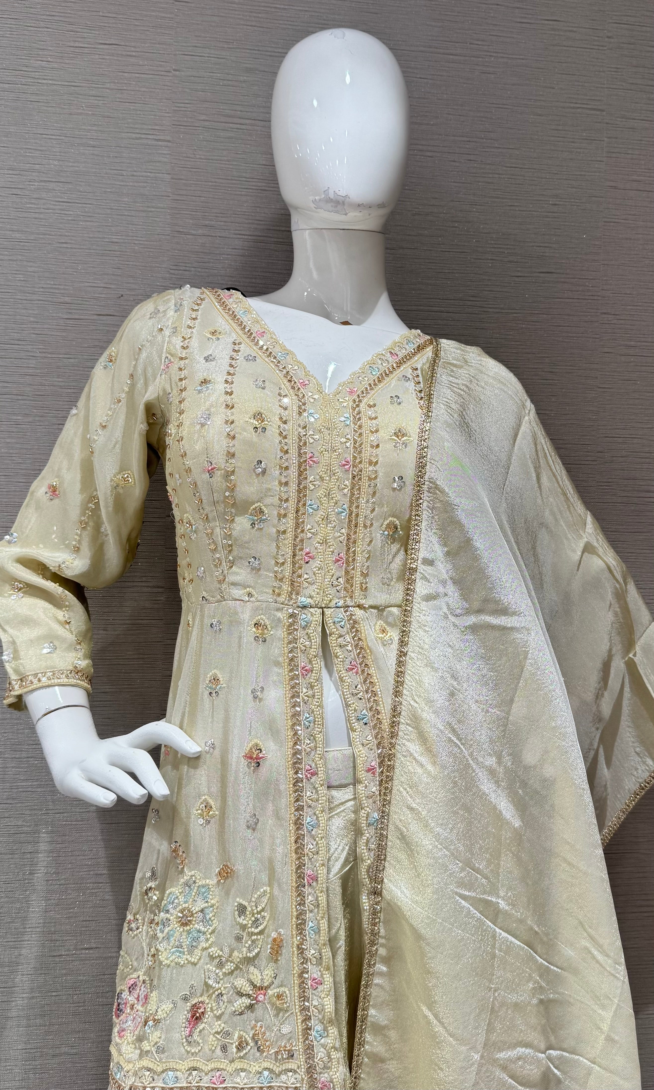 Cream Embroidered Tissue Peplum Palazzo set