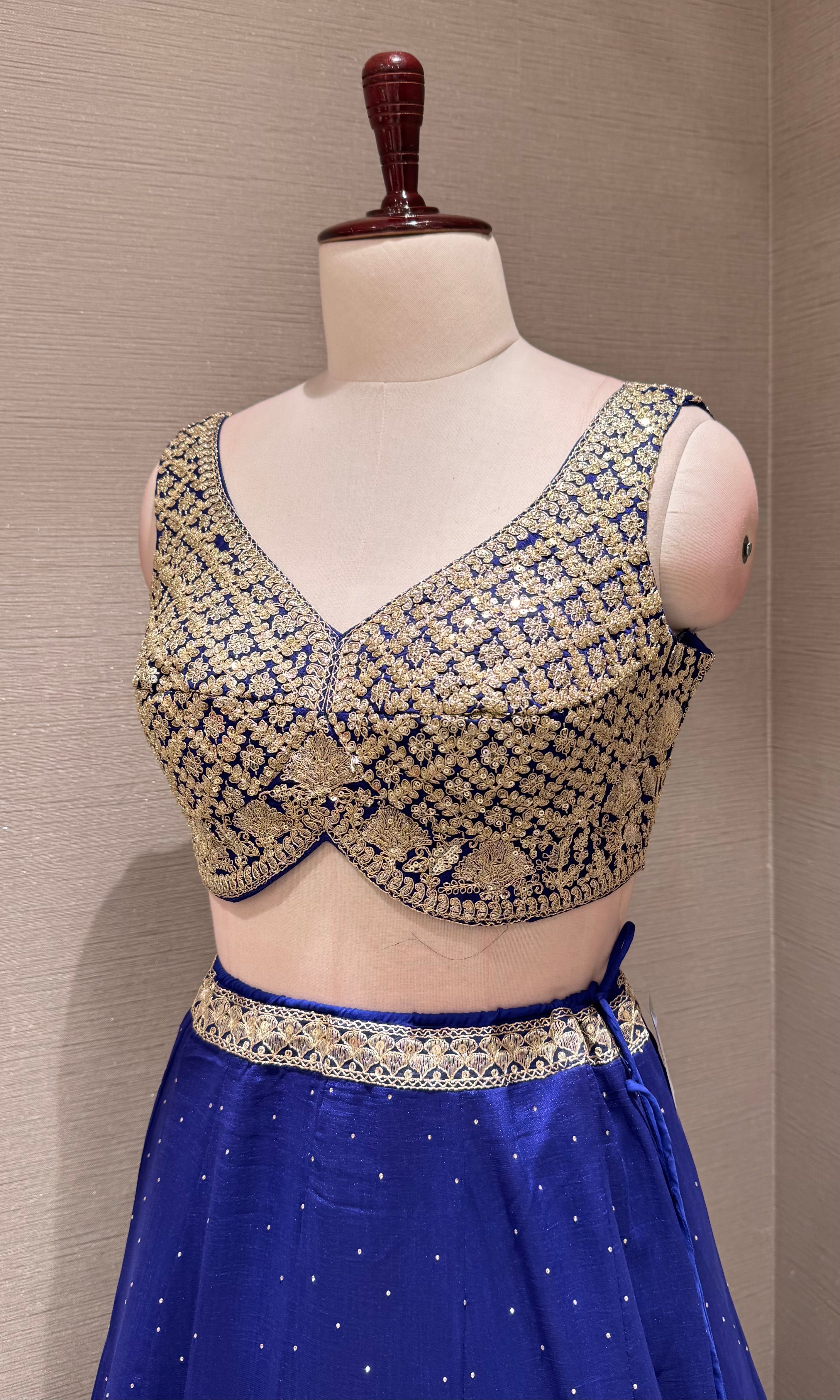 royal blue lehenga set with intricate gold & silver embroidery