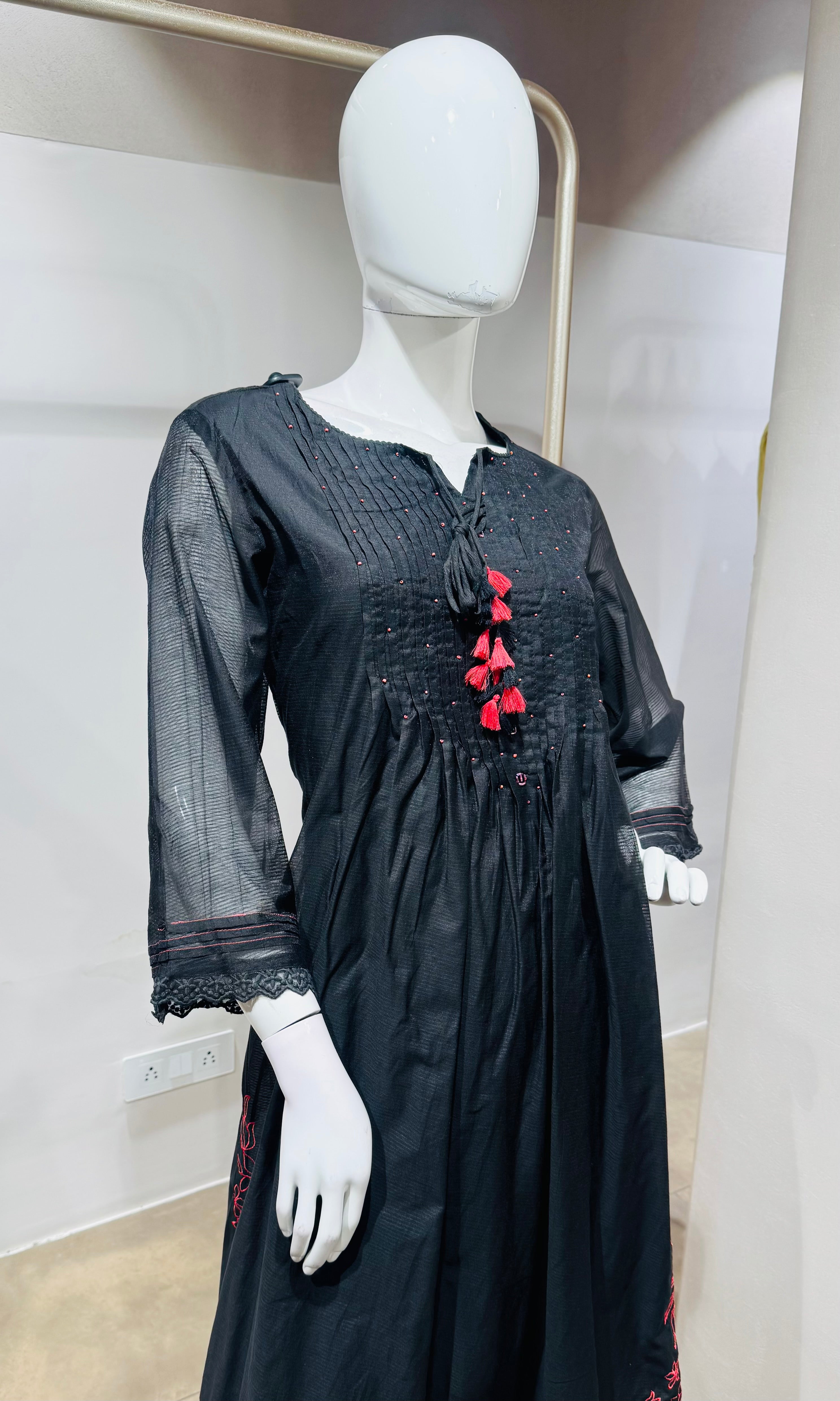 Black Pleated Kurti Set with Red Tassels