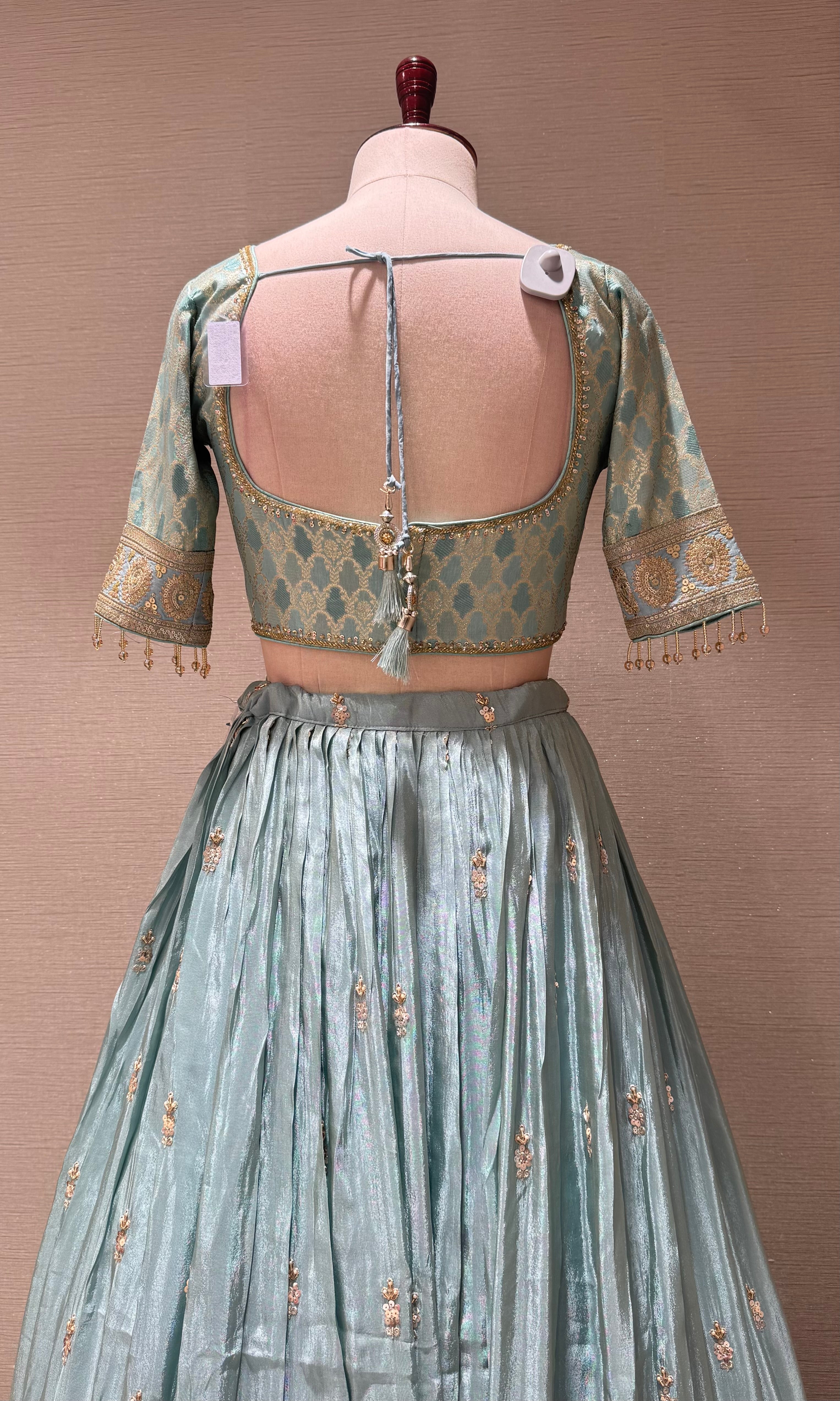 Light blue Sequins Embroidered Tissue Lehenga Choli