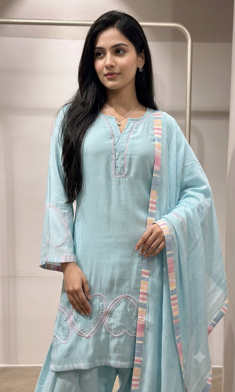 Sky Blue Kurta Suit with Multicolor Dupatta