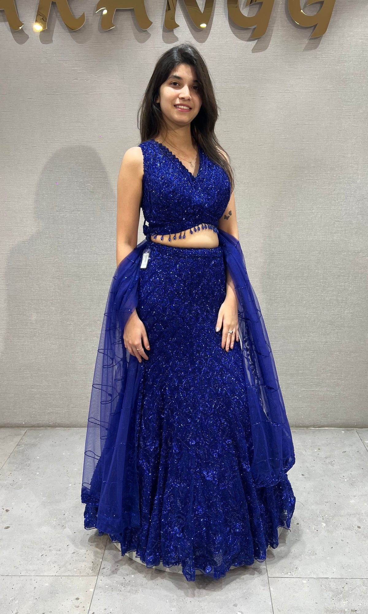 Royal Blue Sequined fish cut Lehenga Set with net dupatta