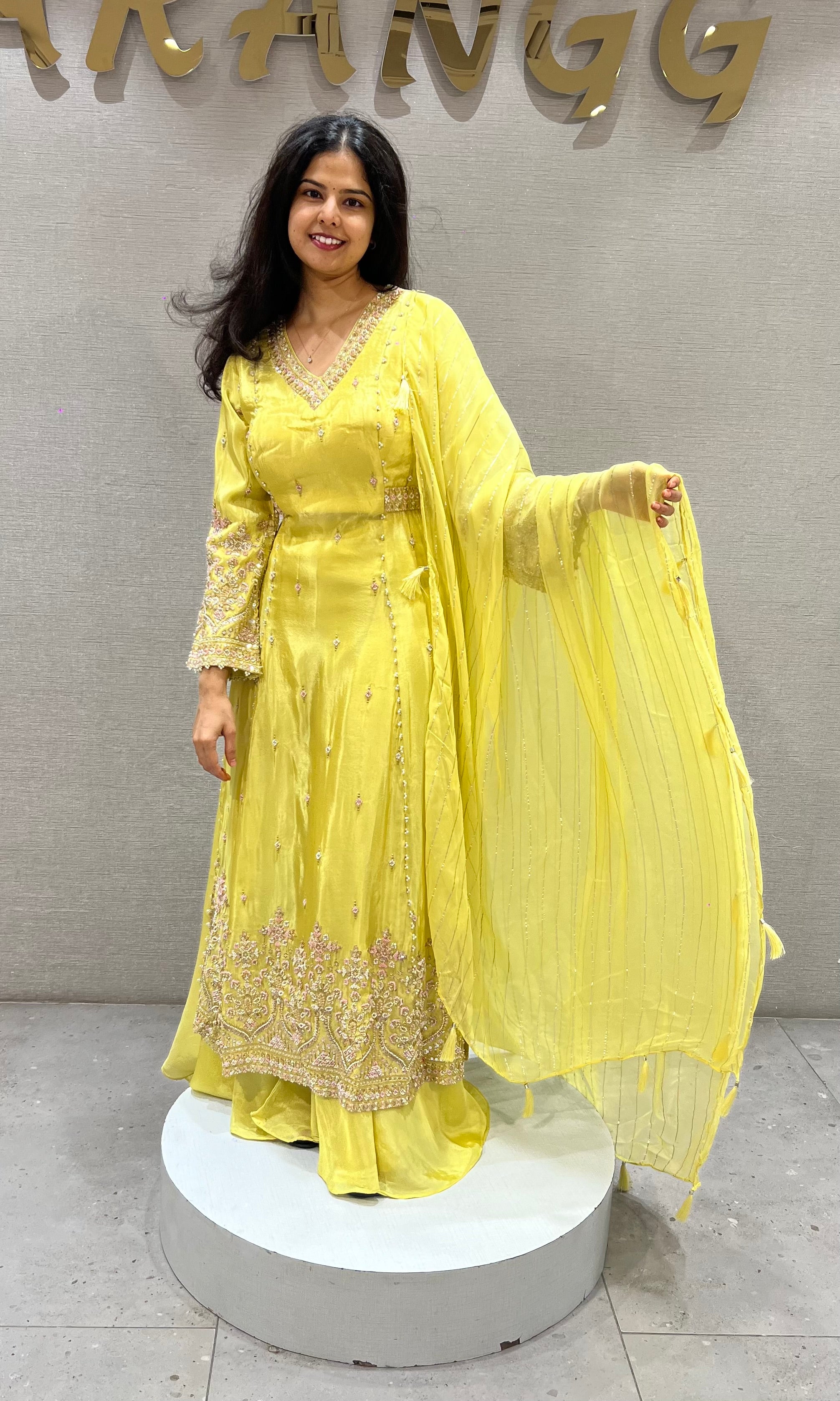 Yellow Shimmer silk Golden Zari Ethnic Naira cut palazzo set