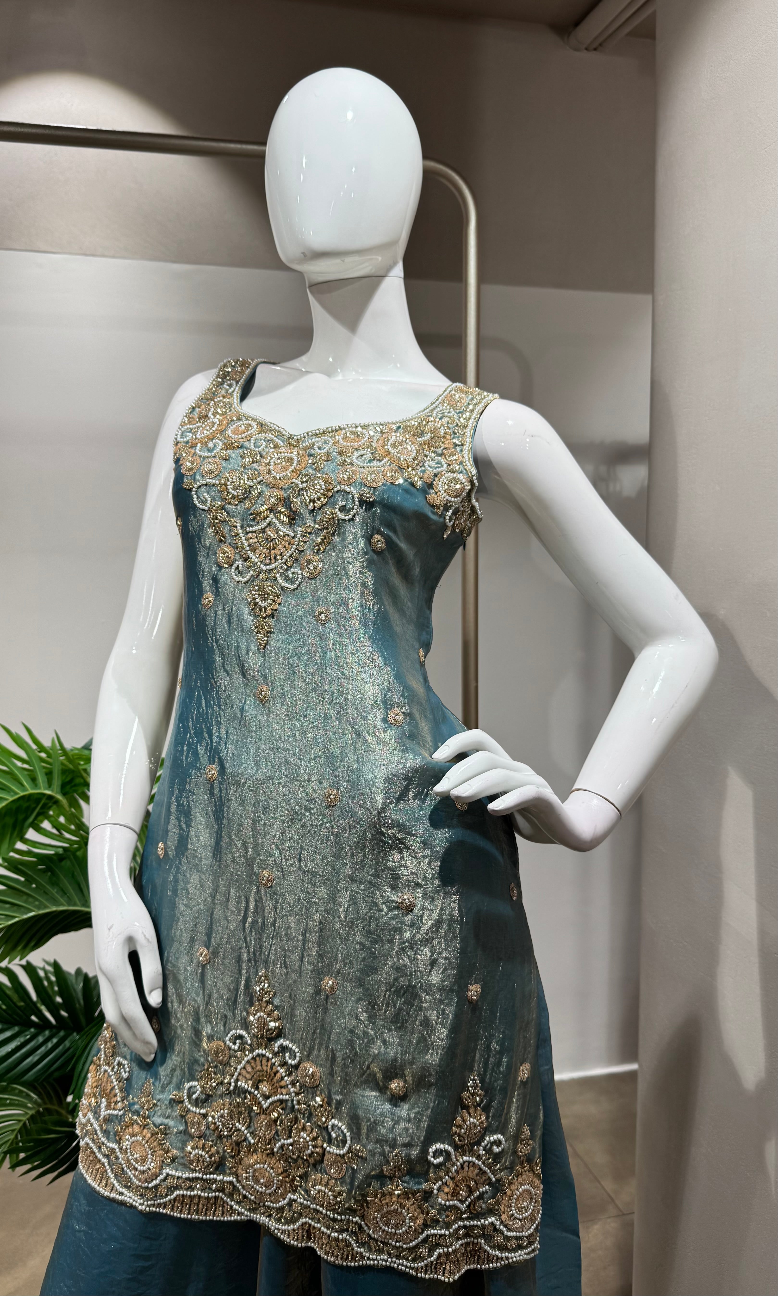 Blue Tissue golden embroidered Sharara Set