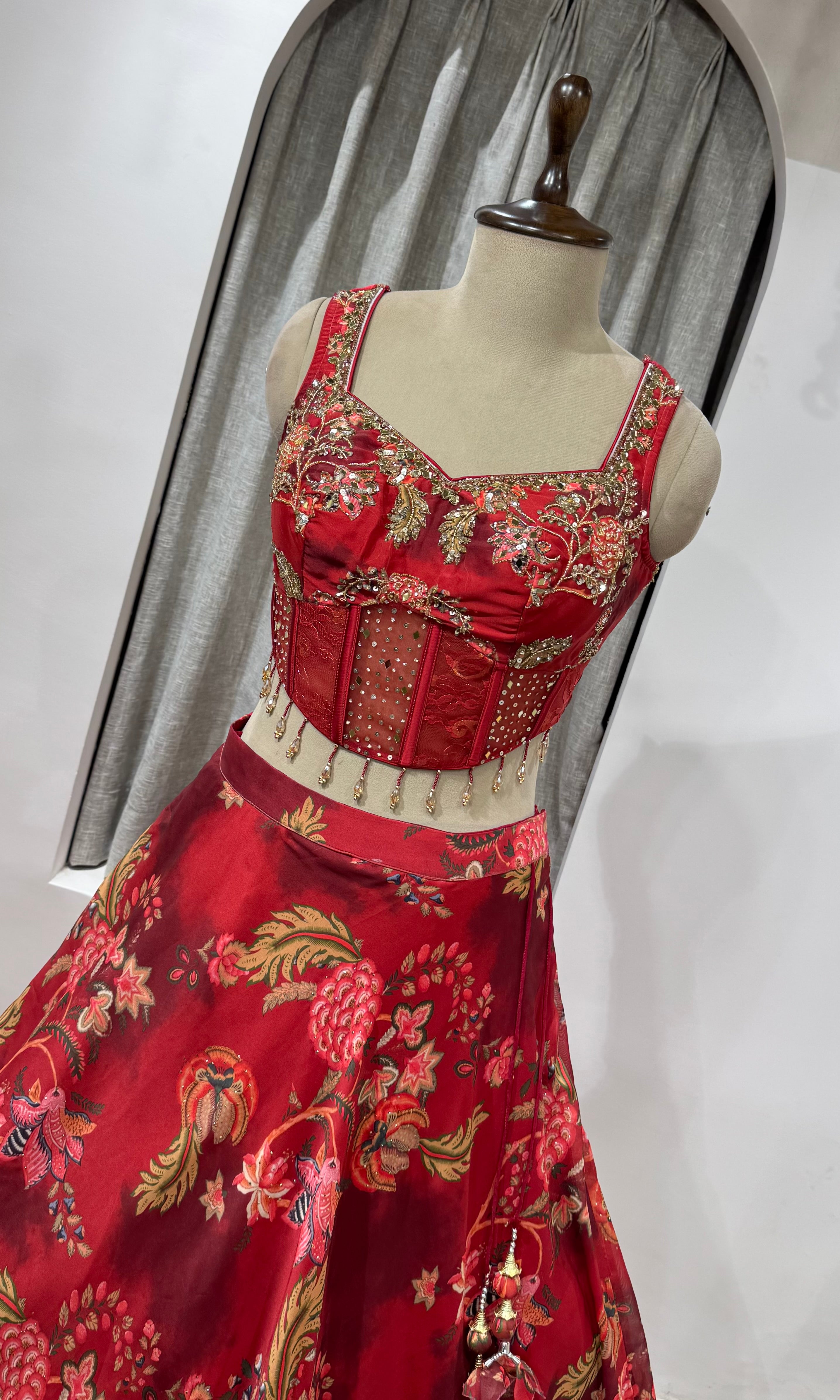 Red Indian Organza Printed Lehenga Set