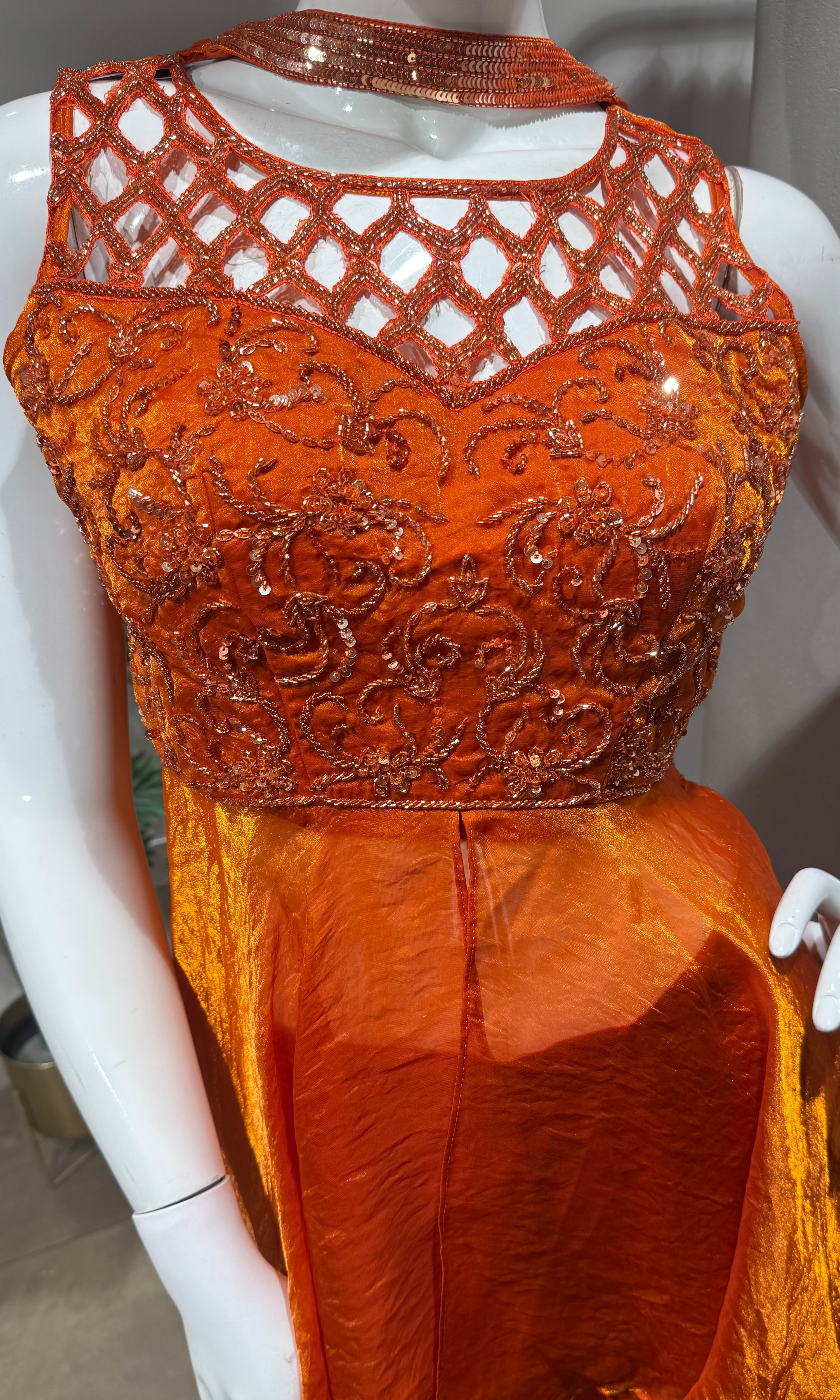 Orange Embellished Peplum Palazzo Set