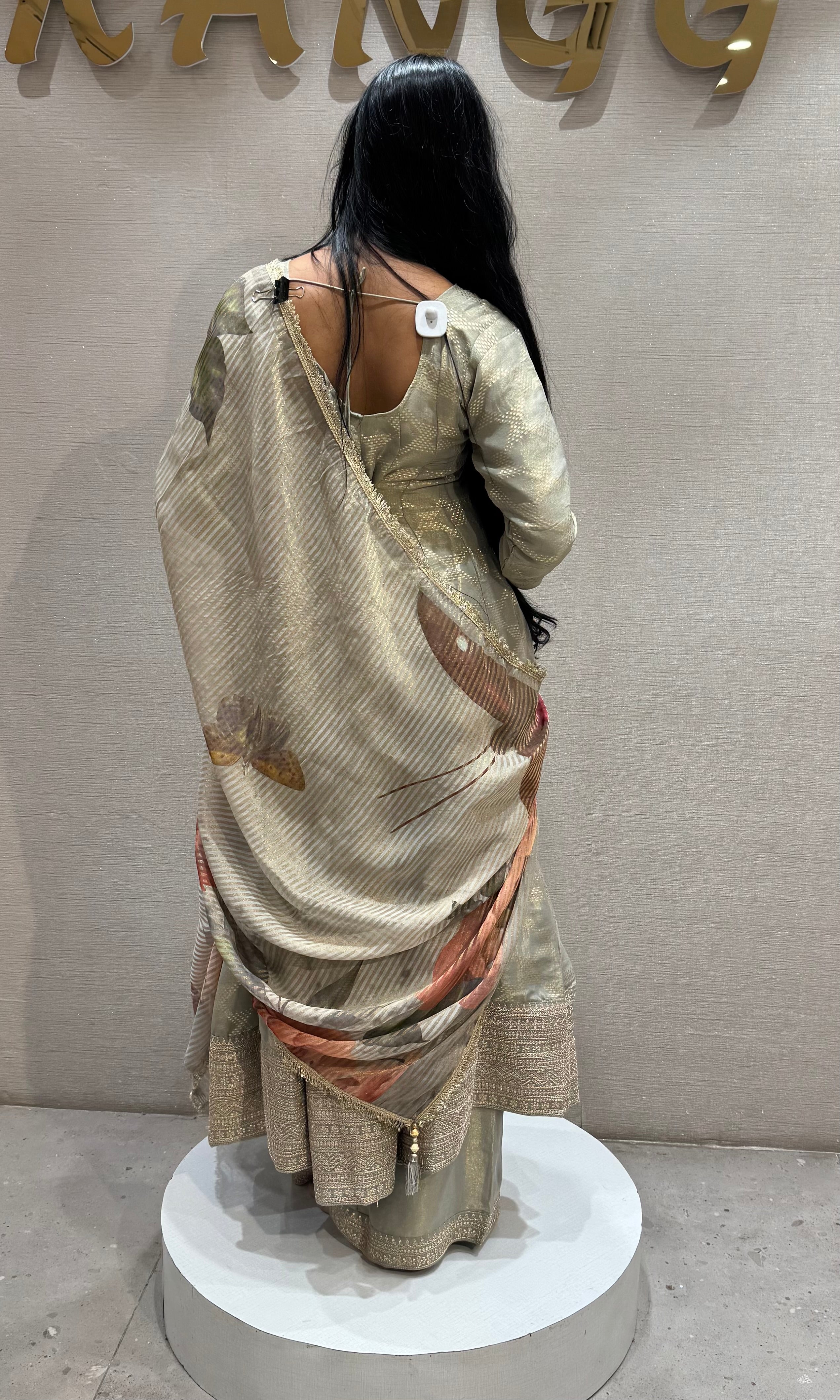 GREY Silk Anarkali Set with Floral Dupatta