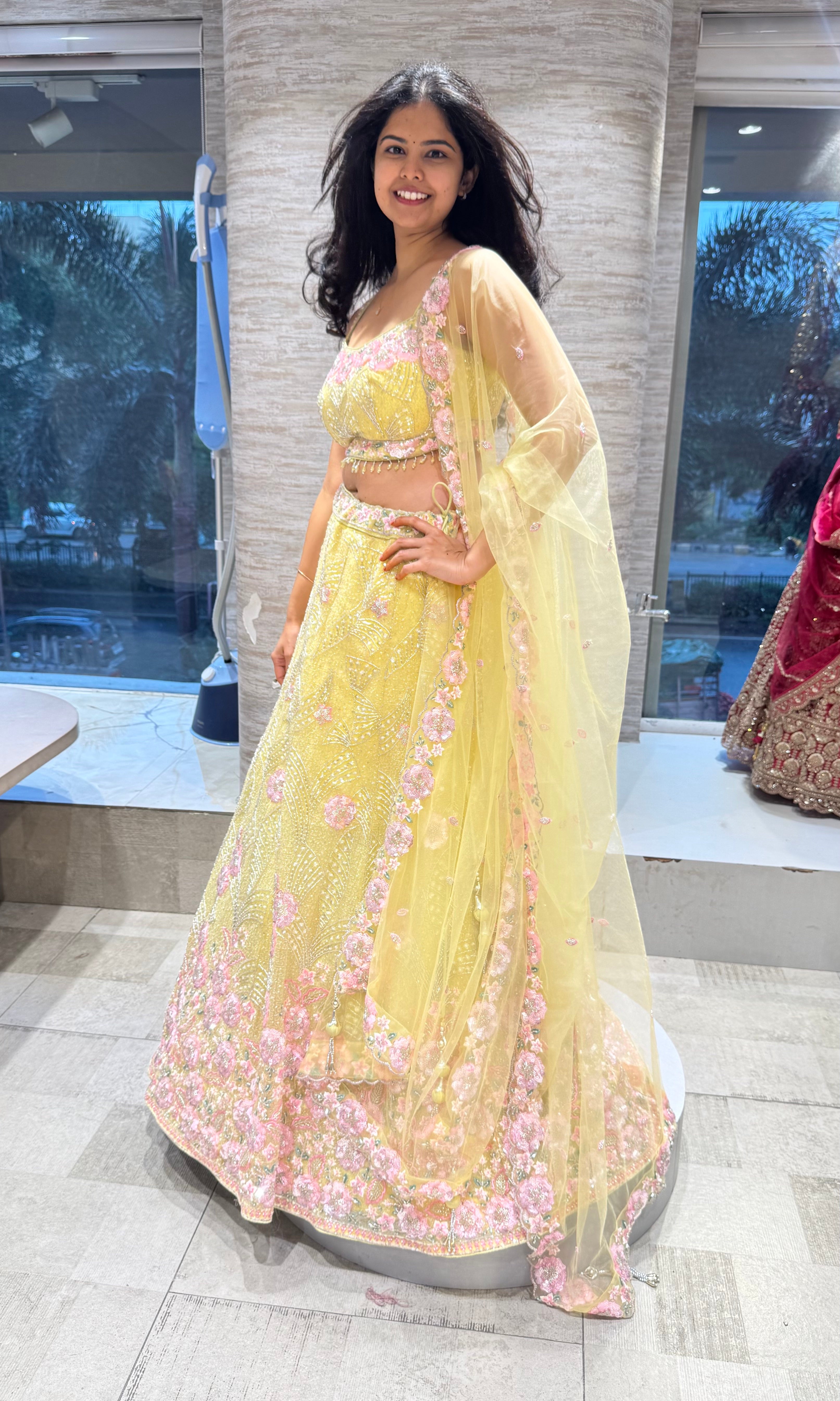 Yellow Embroidered Lehenga Set with Pink Floral