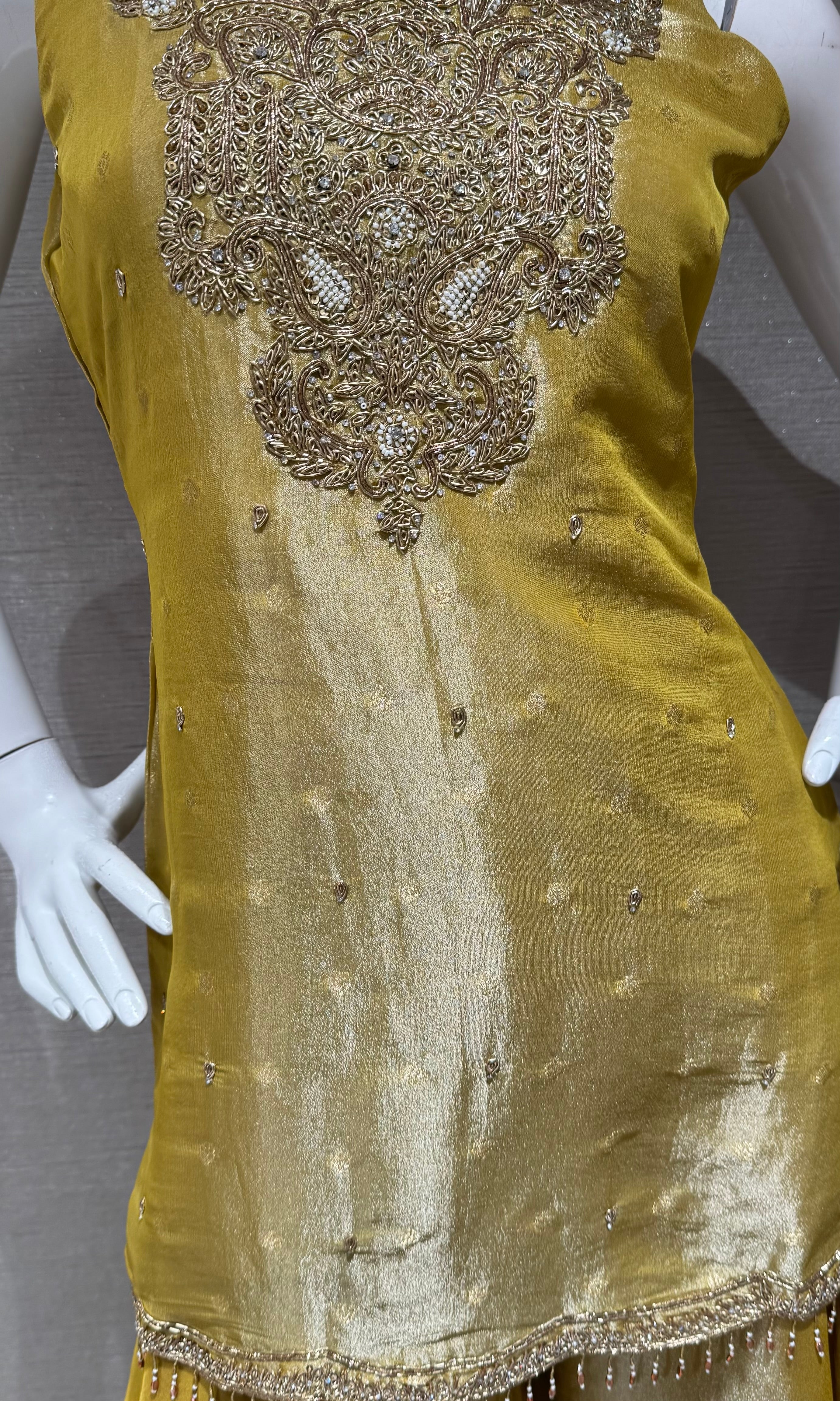 Mustard Gold Tissue silk Embroidered Sharara Set